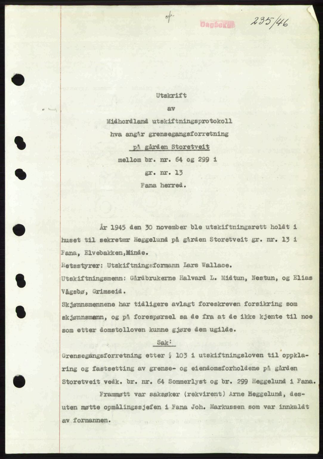 Midhordland sorenskriveri, SAB/A-3001/1/G/Gb/Gbj/L0022: Pantebok nr. A41-43, 1946-1946, Dagboknr: 235/1946