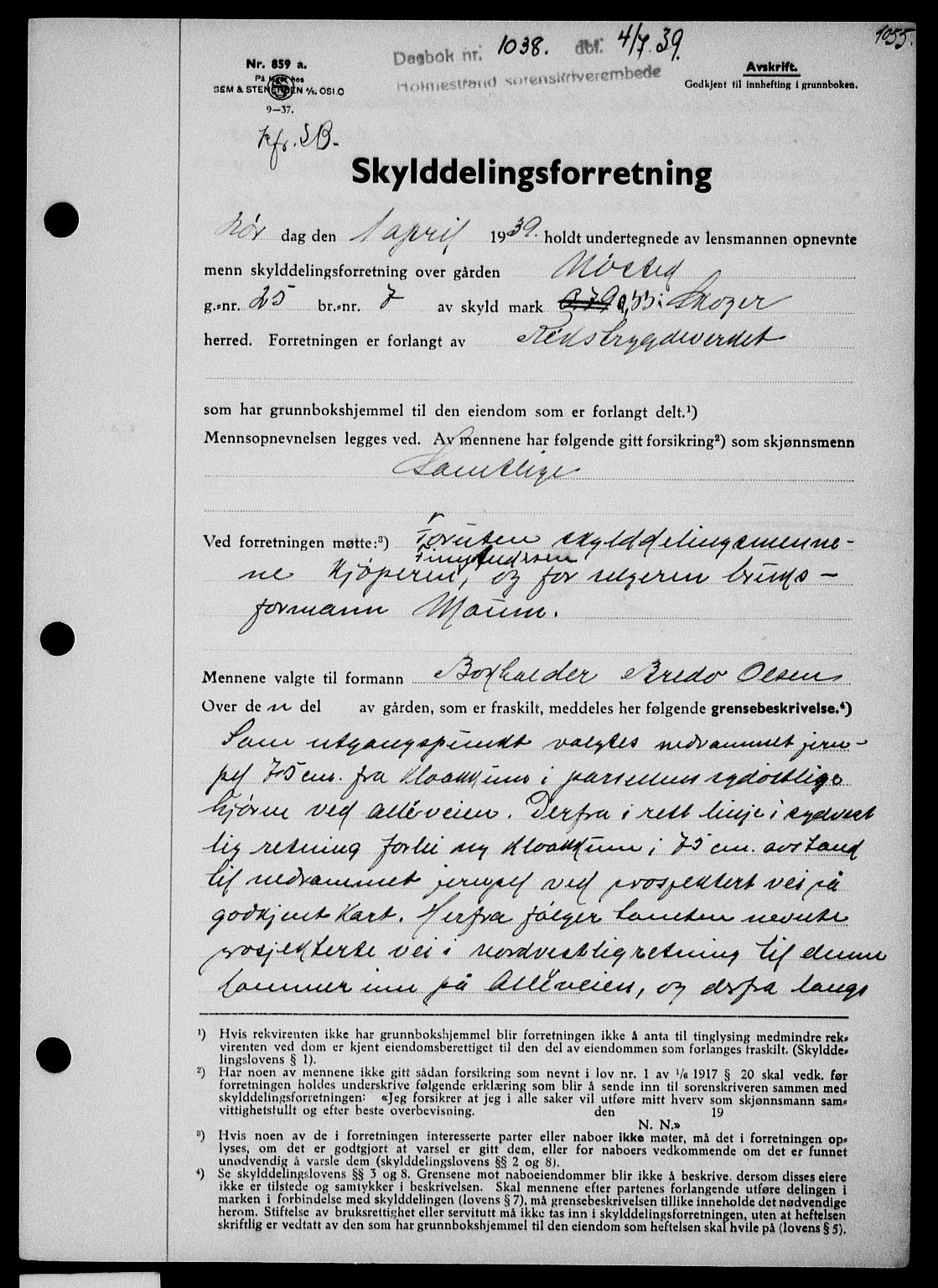 Holmestrand sorenskriveri, SAKO/A-67/G/Ga/Gaa/L0050: Pantebok nr. A-50, 1938-1939, Dagboknr: 1038/1939