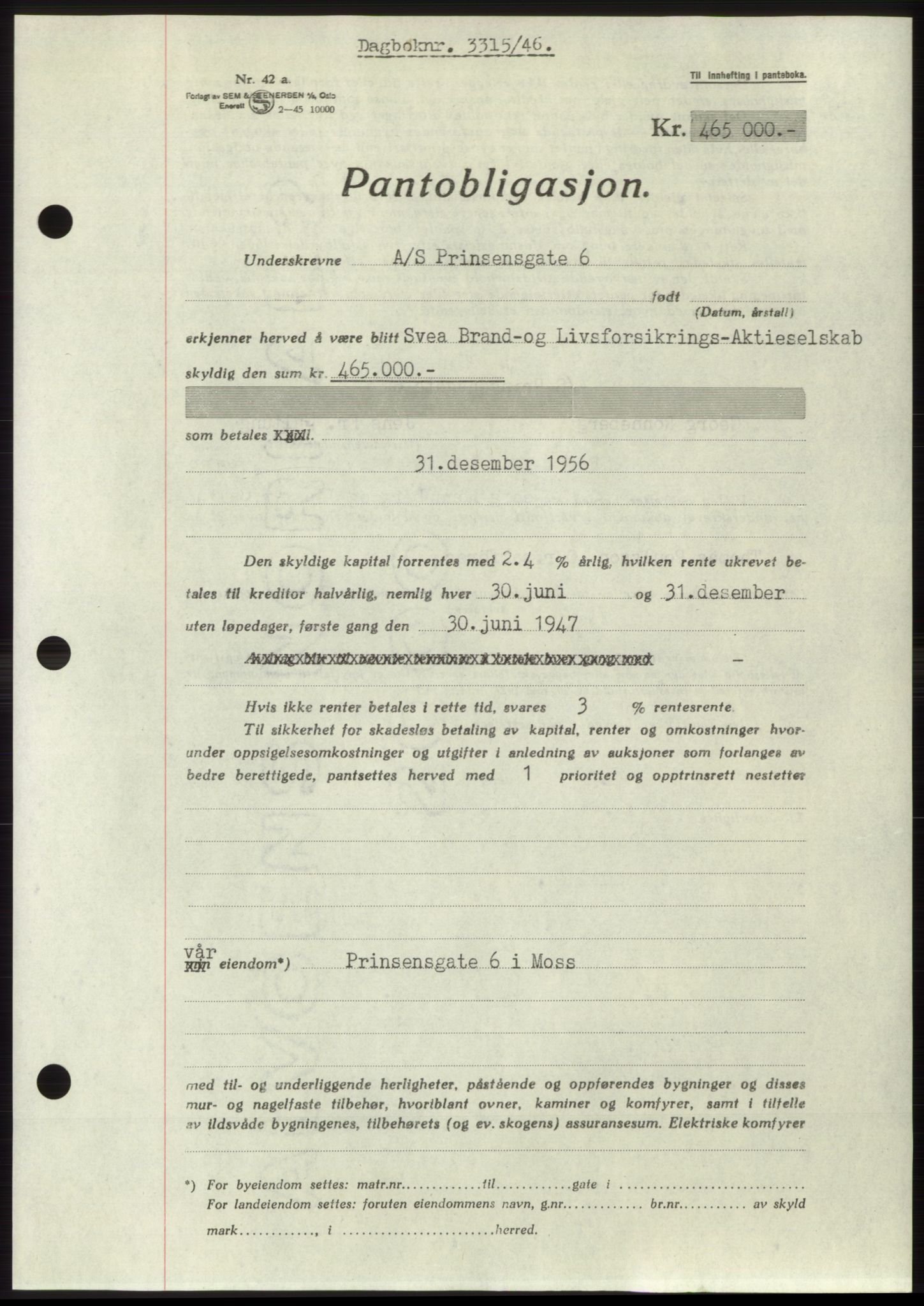 Moss sorenskriveri, SAO/A-10168: Pantebok nr. B16, 1946-1947, Dagboknr: 3315/1946