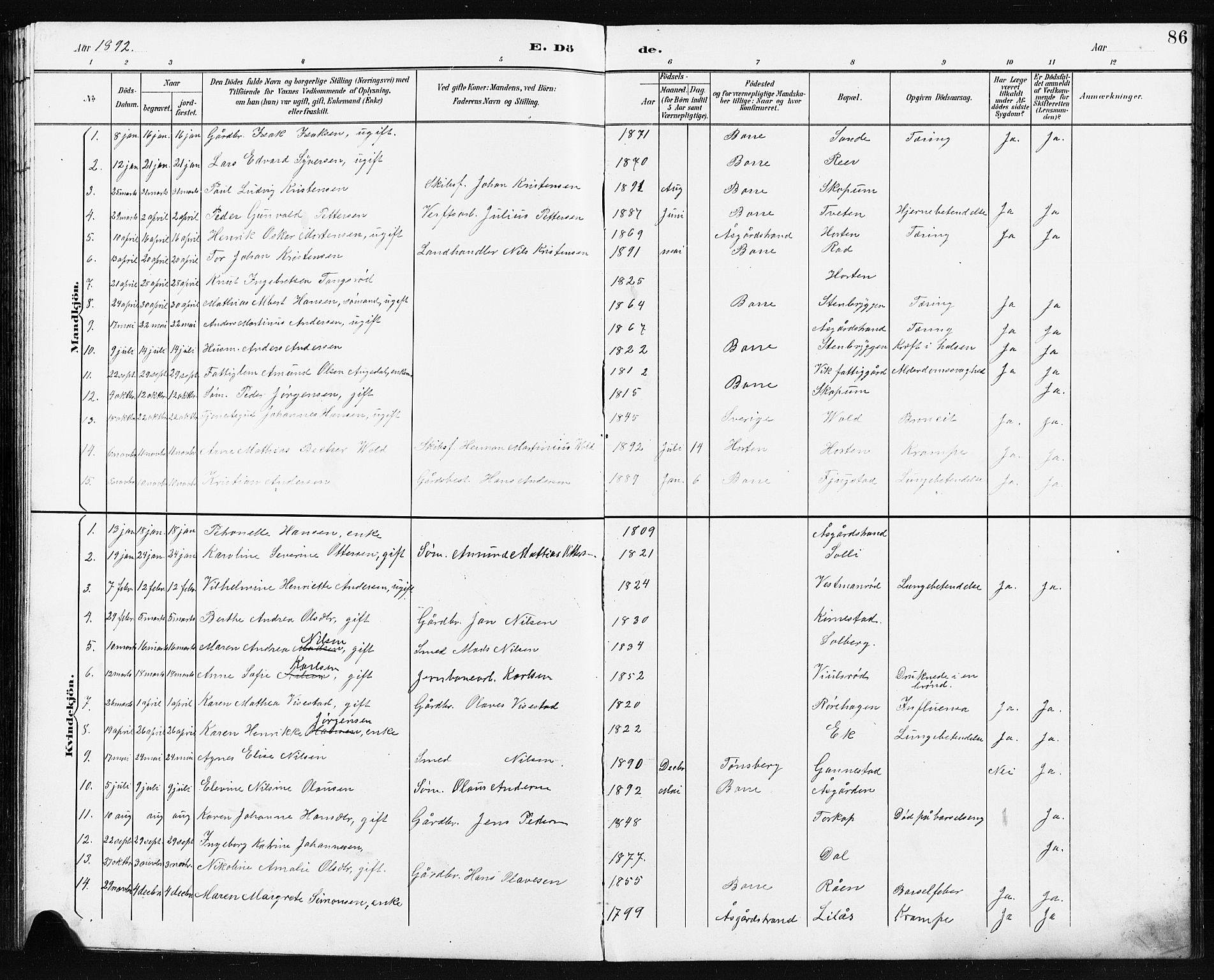 Borre kirkebøker, AV/SAKO-A-338/G/Ga/L0004: Klokkerbok nr. I 4, 1892-1913, s. 86
