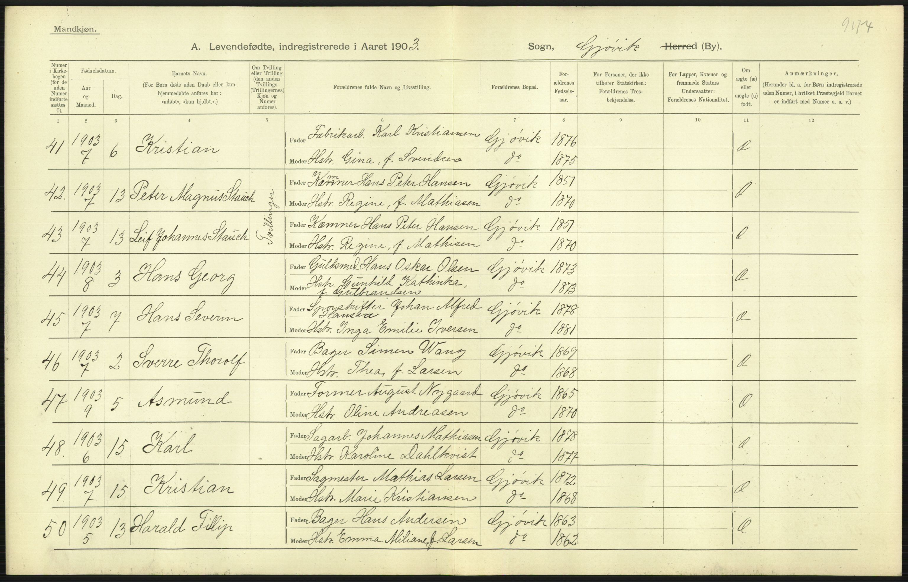 Statistisk sentralbyrå, Sosiodemografiske emner, Befolkning, AV/RA-S-2228/D/Df/Dfa/Dfaa/L0006: Kristians amt: Fødte, gifte, døde, 1903, s. 399