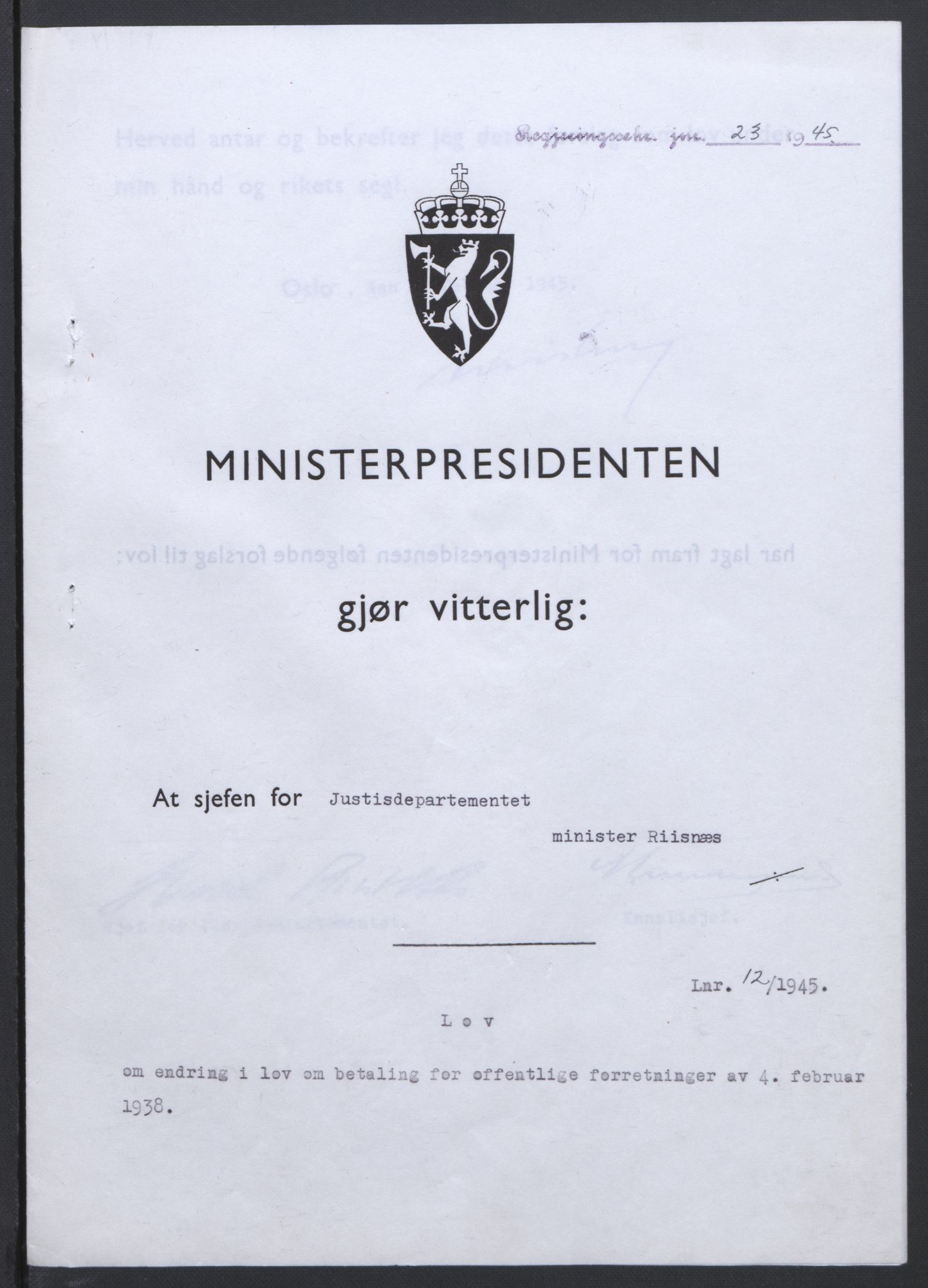 NS-administrasjonen 1940-1945 (Statsrådsekretariatet, de kommisariske statsråder mm), RA/S-4279/D/Db/L0101/0001: -- / Lover og vedtak, 1945, s. 49