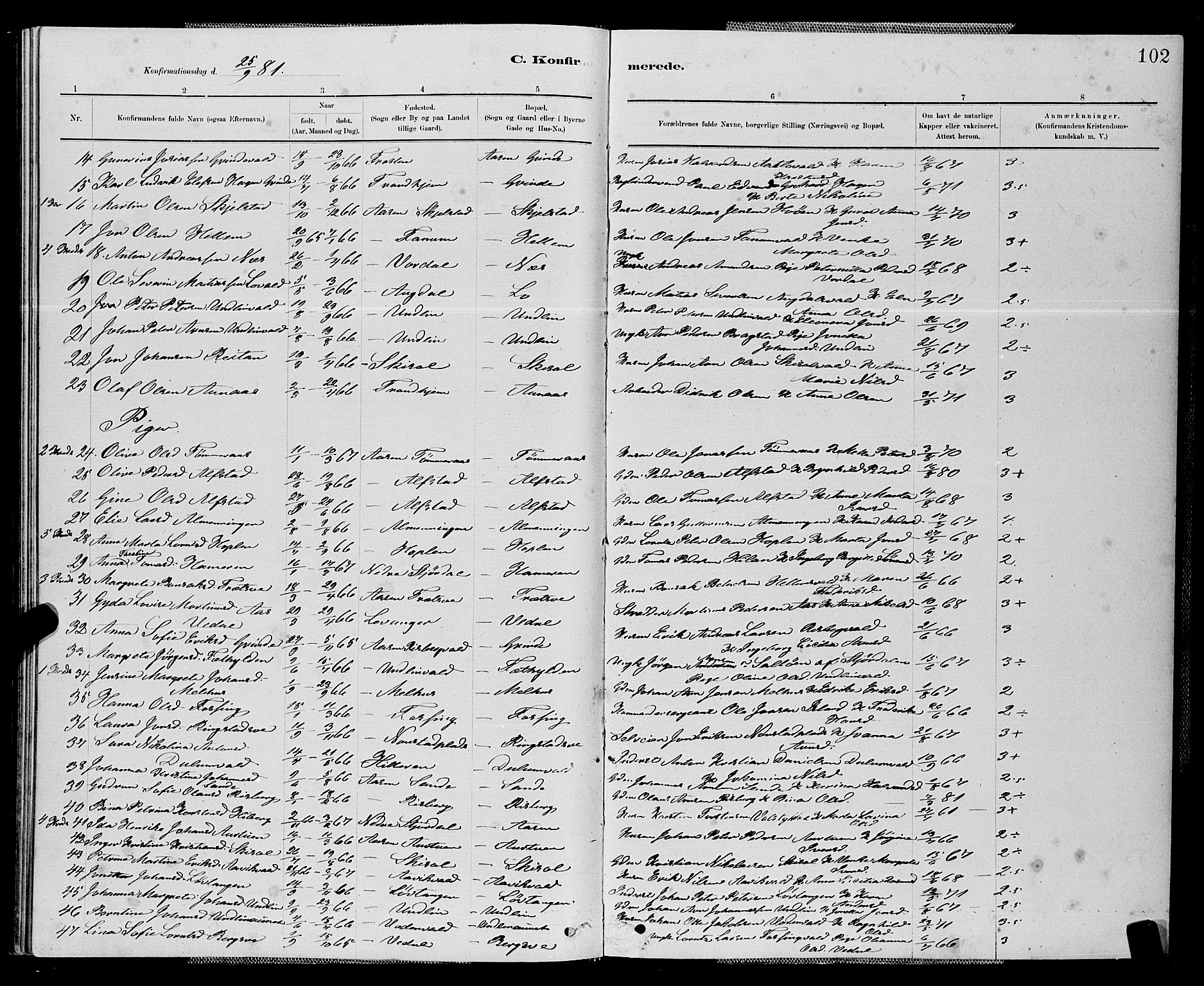 Ministerialprotokoller, klokkerbøker og fødselsregistre - Nord-Trøndelag, SAT/A-1458/714/L0134: Klokkerbok nr. 714C03, 1878-1898, s. 102