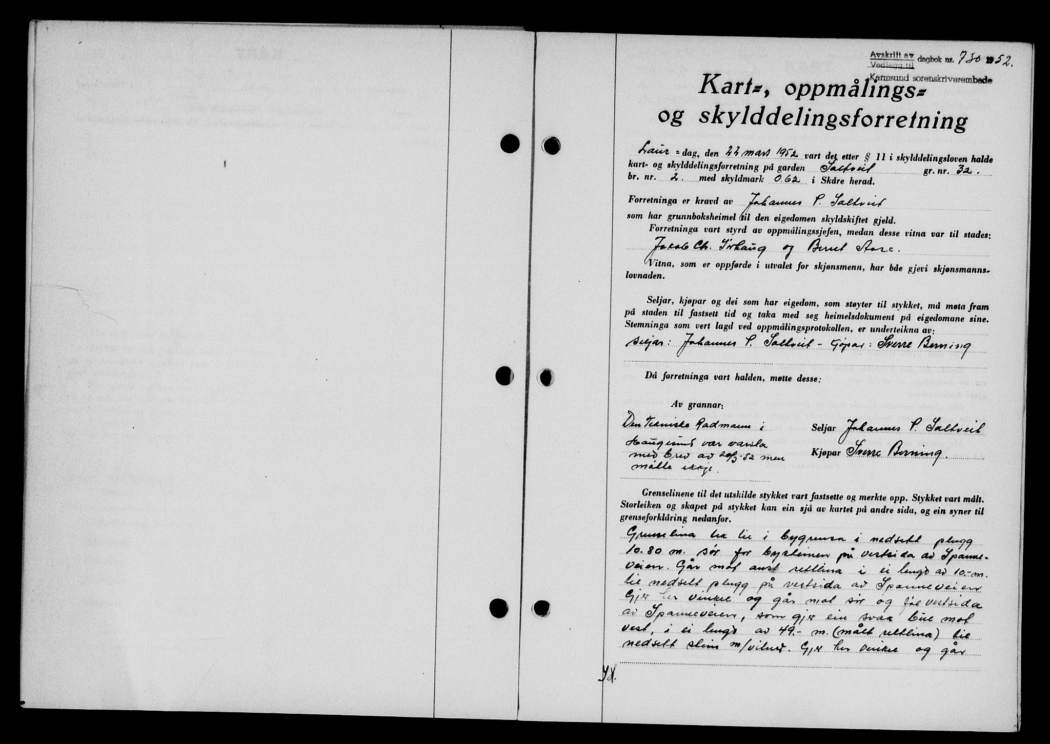 Karmsund sorenskriveri, SAST/A-100311/01/II/IIB/L0105: Pantebok nr. 85A, 1952-1952, Dagboknr: 730/1952