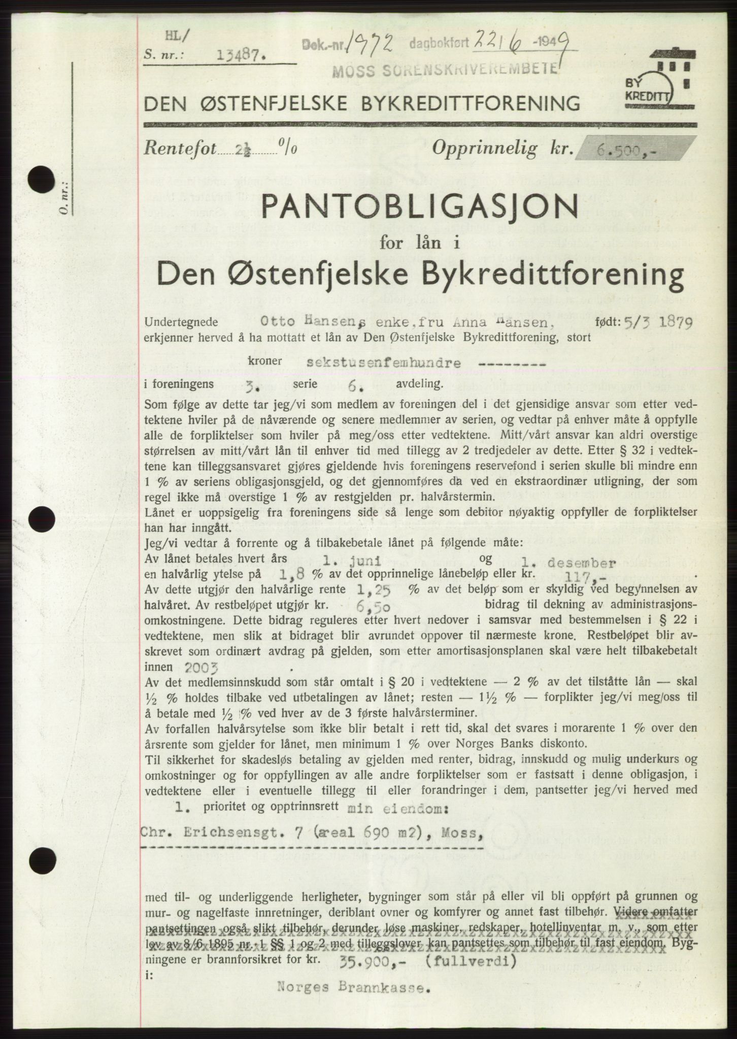 Moss sorenskriveri, SAO/A-10168: Pantebok nr. B22, 1949-1949, Dagboknr: 1972/1949