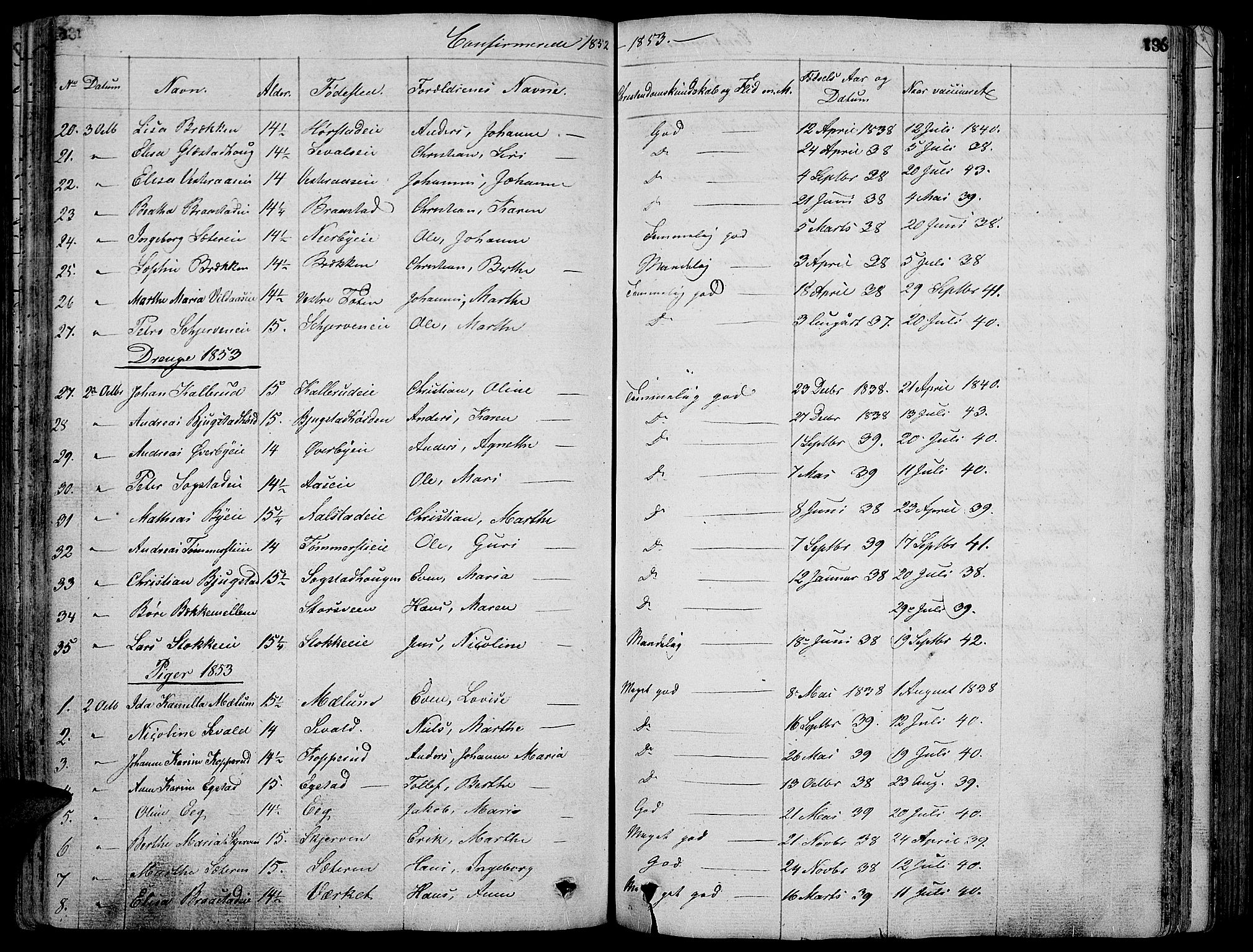 Vardal prestekontor, AV/SAH-PREST-100/H/Ha/Hab/L0004: Klokkerbok nr. 4, 1831-1853, s. 186