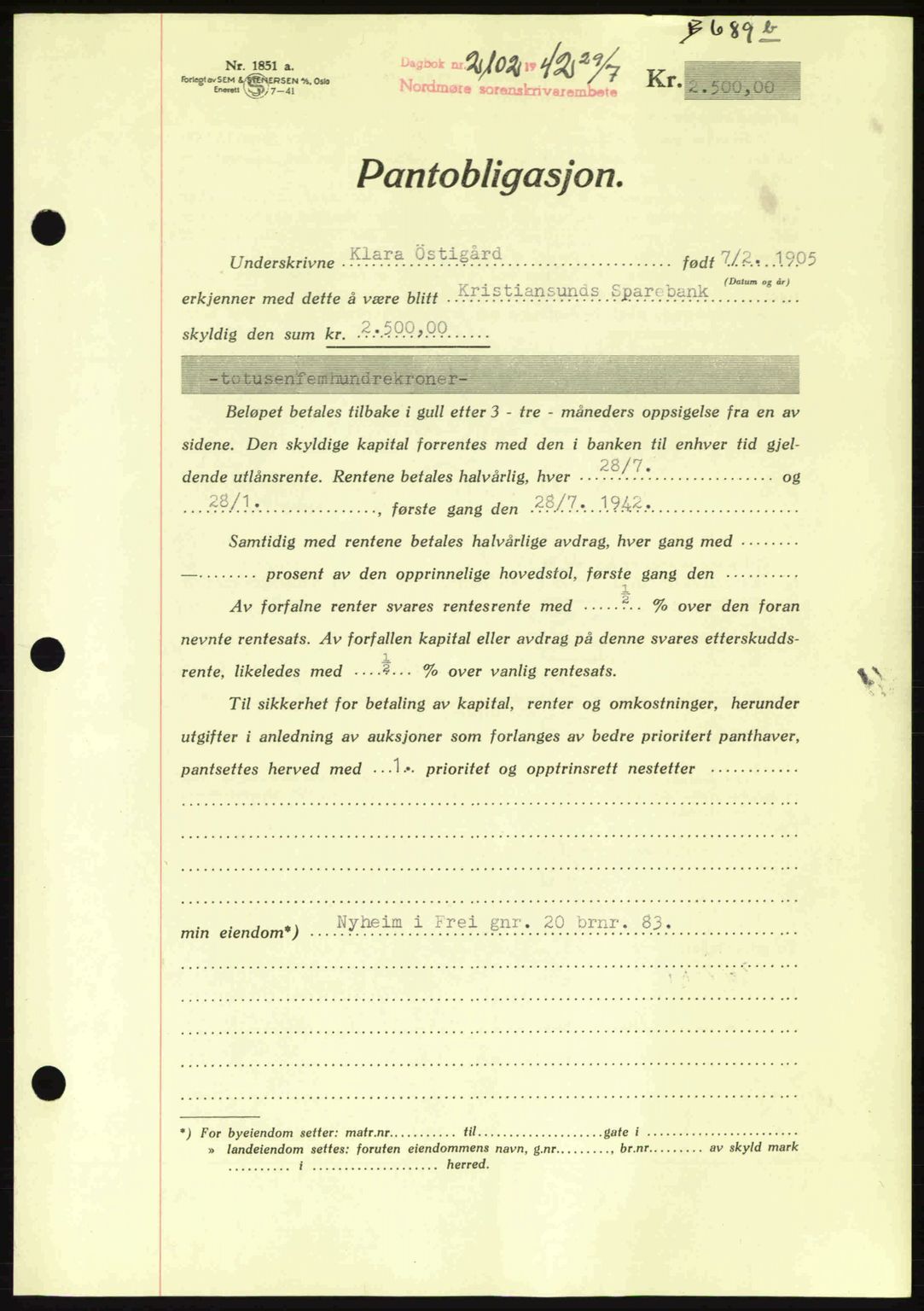 Nordmøre sorenskriveri, AV/SAT-A-4132/1/2/2Ca: Pantebok nr. B89, 1942-1942, Dagboknr: 2102/1942