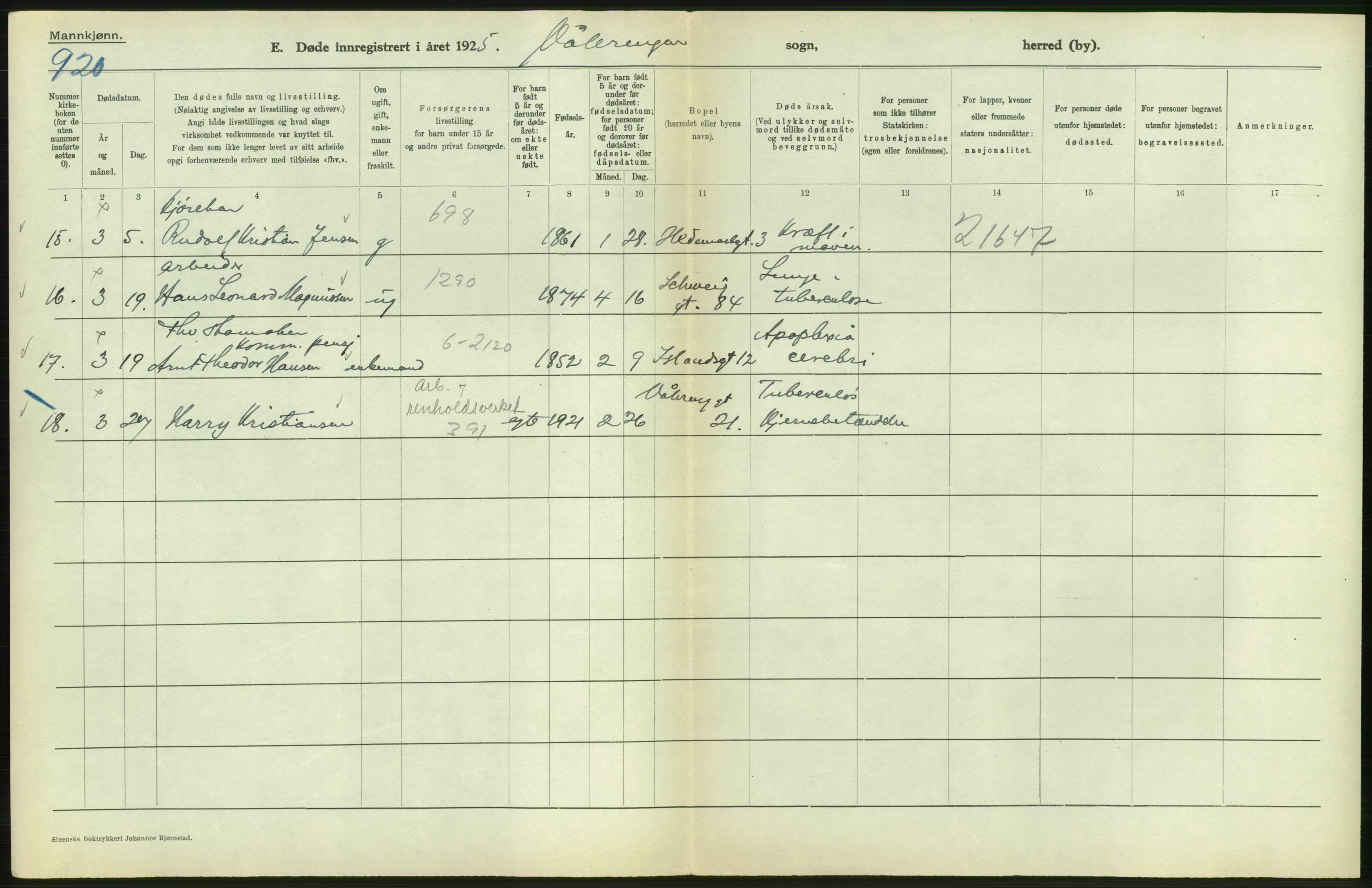 Statistisk sentralbyrå, Sosiodemografiske emner, Befolkning, AV/RA-S-2228/D/Df/Dfc/Dfce/L0009: Oslo: Døde menn, 1925, s. 582