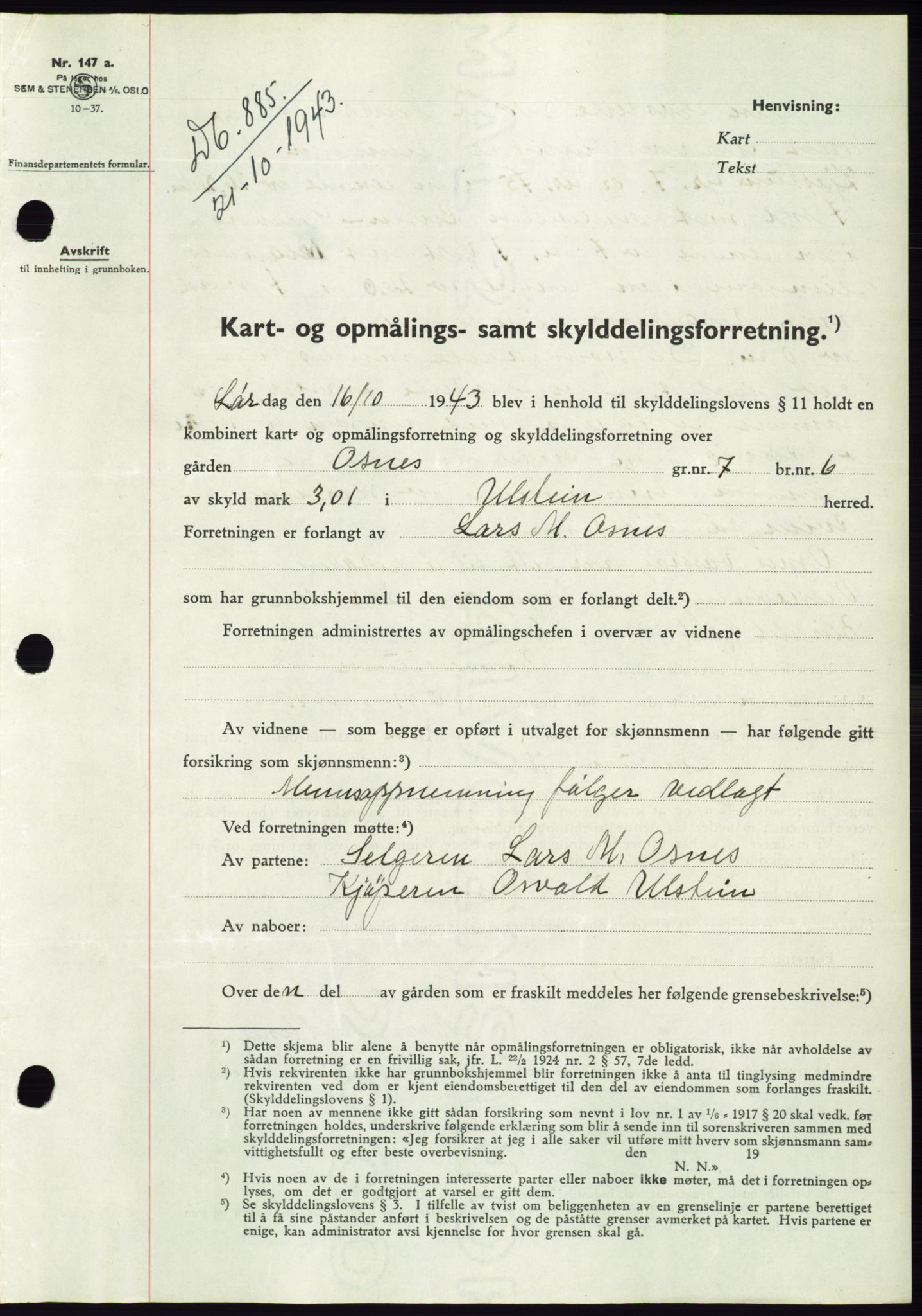 Søre Sunnmøre sorenskriveri, AV/SAT-A-4122/1/2/2C/L0075: Pantebok nr. 1A, 1943-1943, Dagboknr: 885/1943