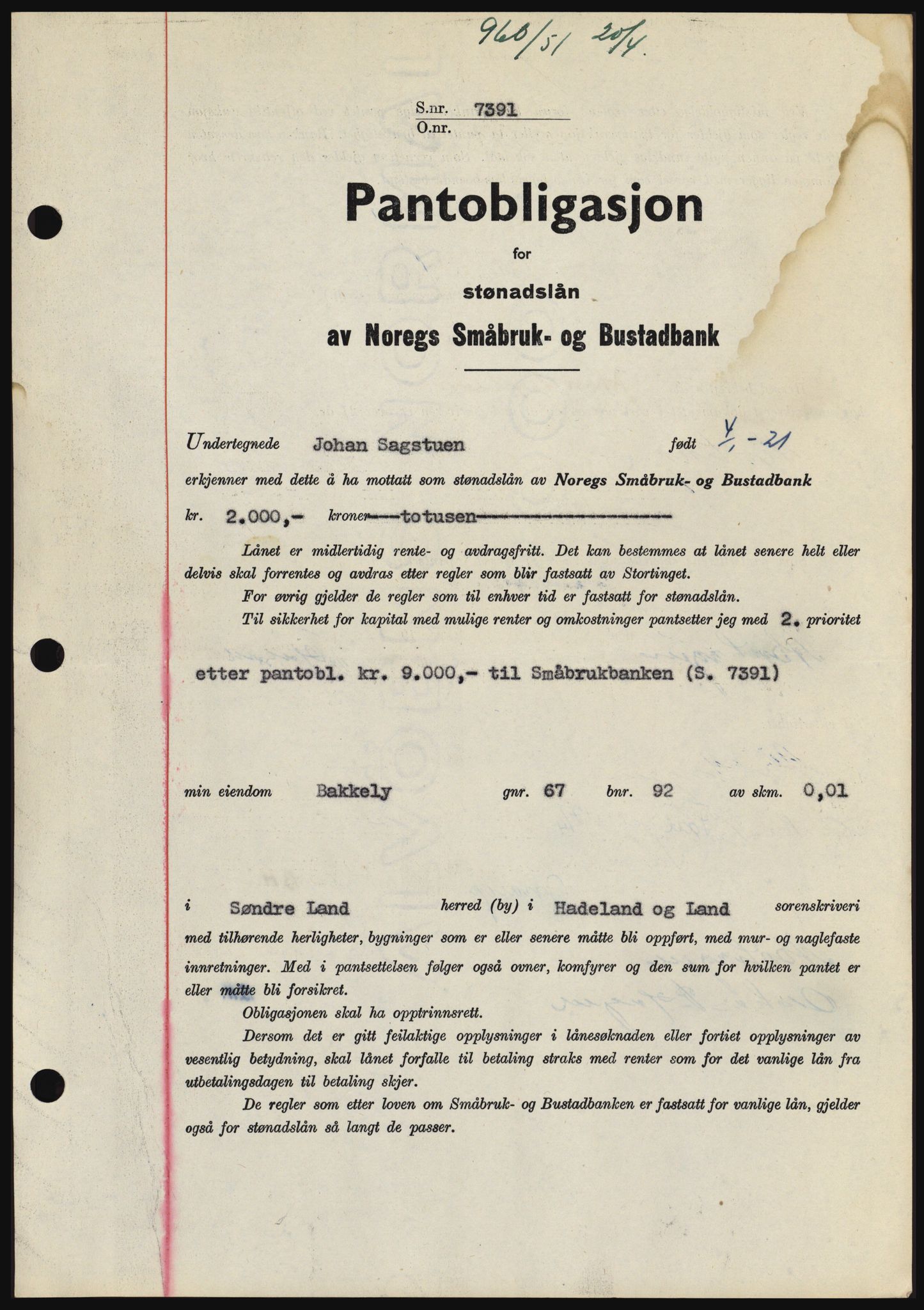 Hadeland og Land tingrett, SAH/TING-010/H/Hb/Hbc/L0021: Pantebok nr. B21, 1951-1951, Dagboknr: 960/1951
