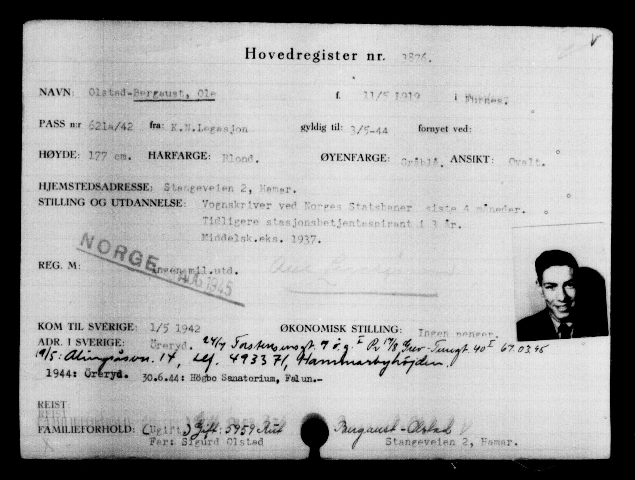 Utenriksstasjonene, Legasjonen i Stockholm, Flyktningkontoret, AV/RA-S-6753/V/Va/L0004: Kjesäterkartoteket, flyktninger med registreringsnr. 3496-6610, 1940-1945, s. 442