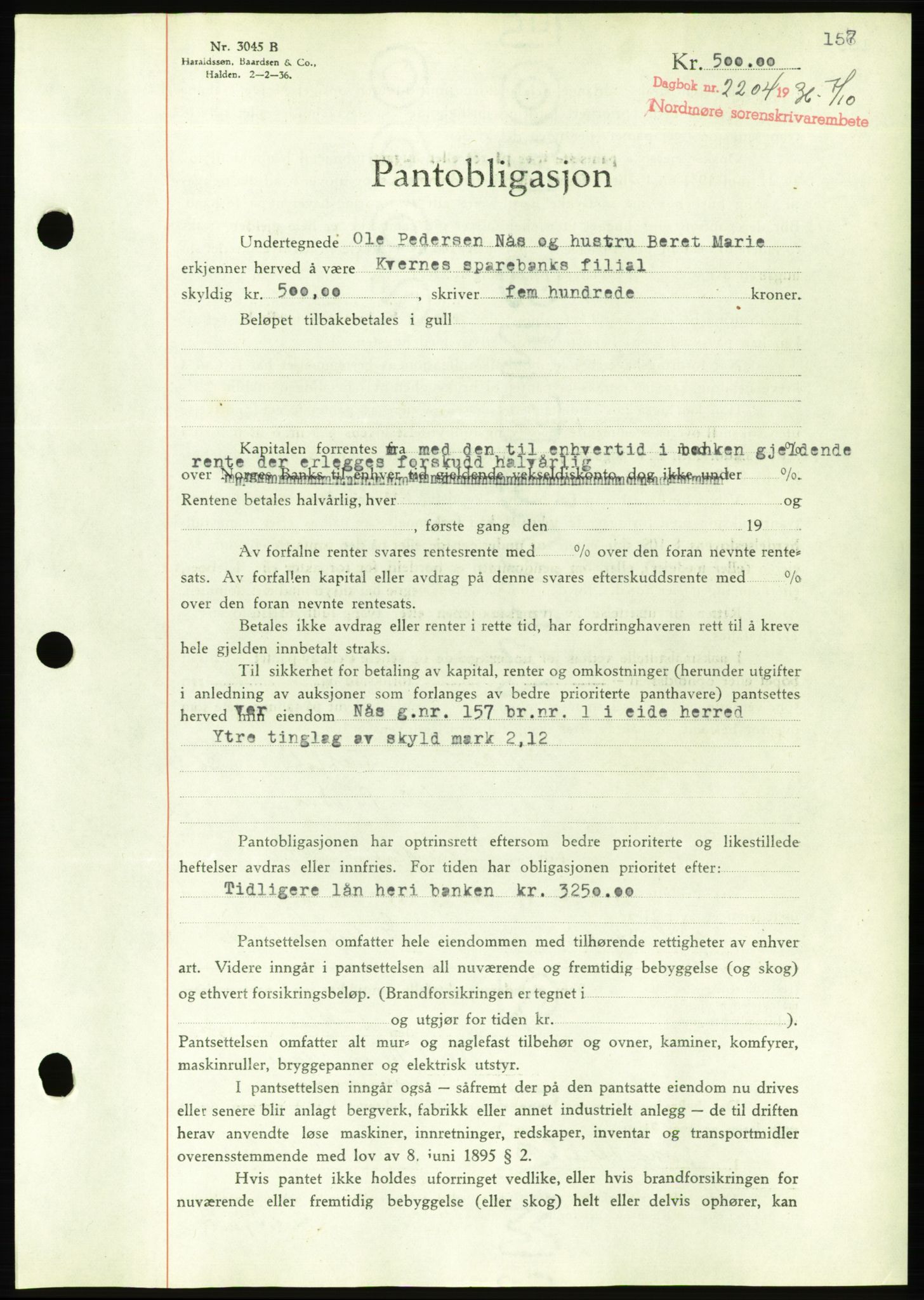 Nordmøre sorenskriveri, AV/SAT-A-4132/1/2/2Ca/L0090: Pantebok nr. B80, 1936-1937, Dagboknr: 2204/1936