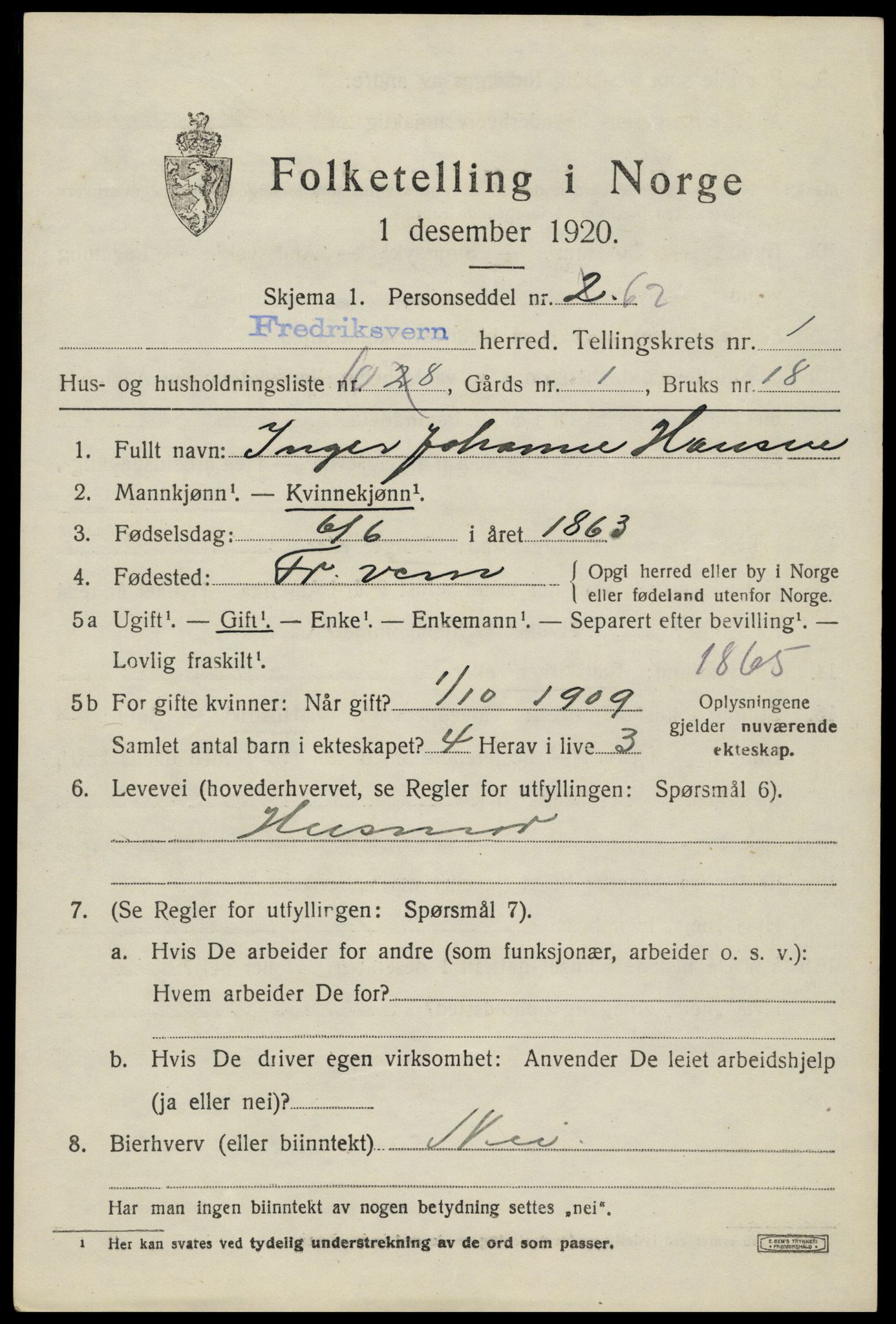 SAKO, Folketelling 1920 for 0798 Fredriksvern herred, 1920, s. 573