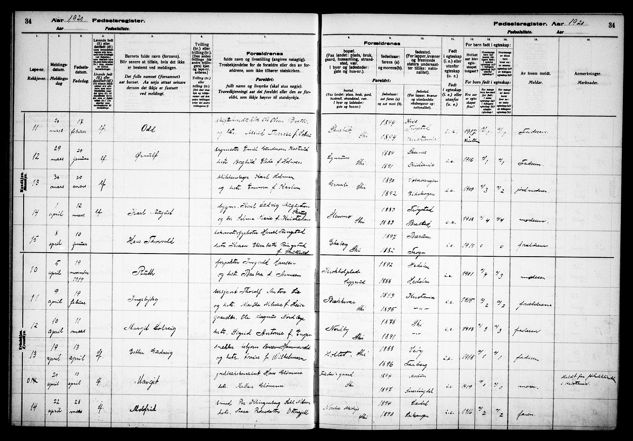 Kråkstad prestekontor Kirkebøker, AV/SAO-A-10125a/J/Jb/L0001: Fødselsregister nr. II 1, 1916-1936, s. 34