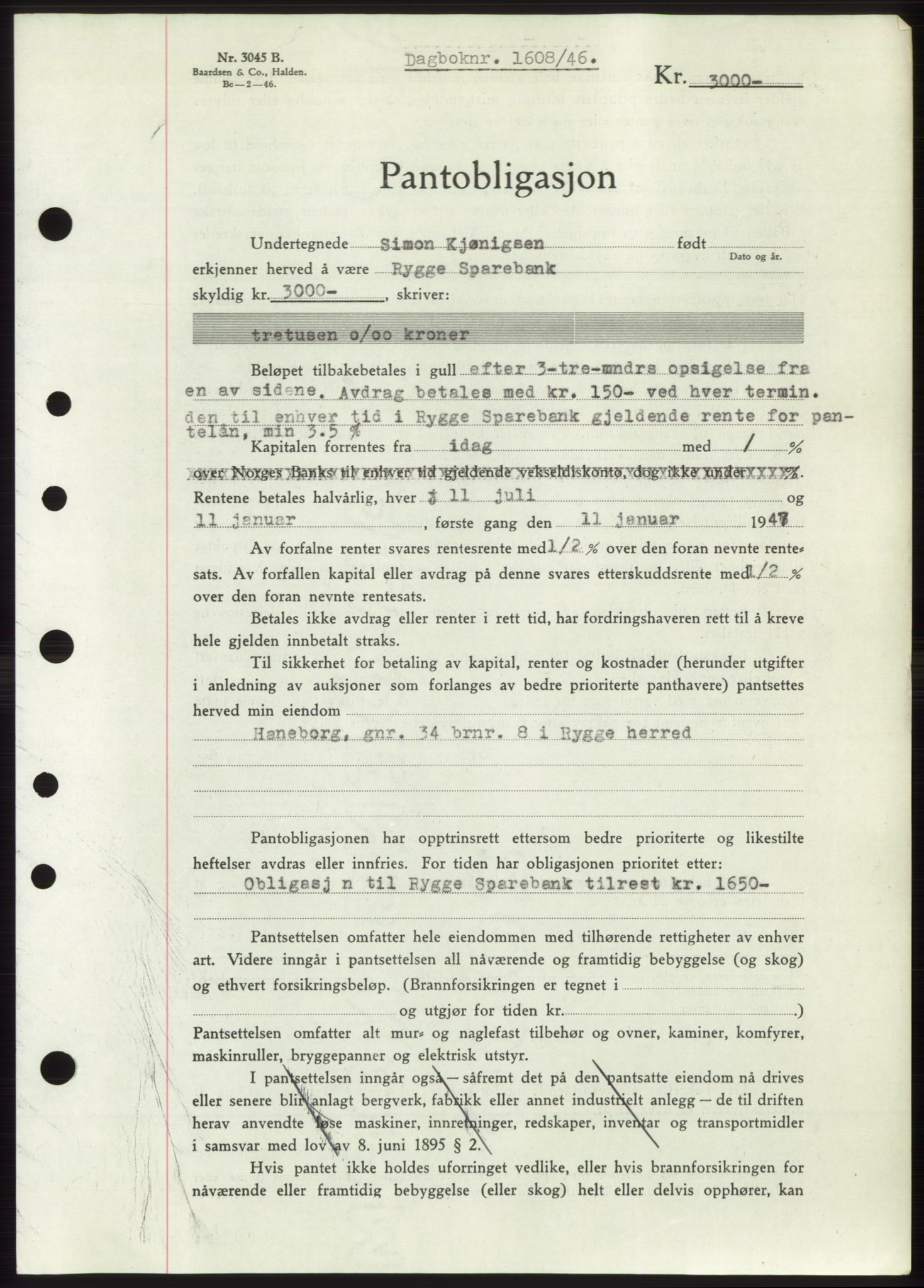 Moss sorenskriveri, SAO/A-10168: Pantebok nr. B15, 1946-1946, Dagboknr: 1608/1946