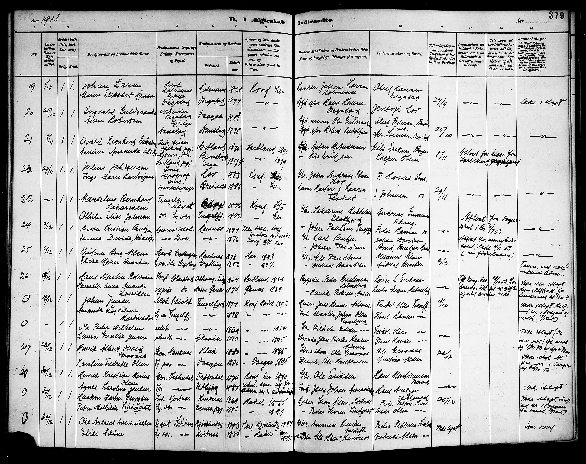 Ministerialprotokoller, klokkerbøker og fødselsregistre - Nordland, AV/SAT-A-1459/888/L1268: Klokkerbok nr. 888C06, 1891-1908, s. 379