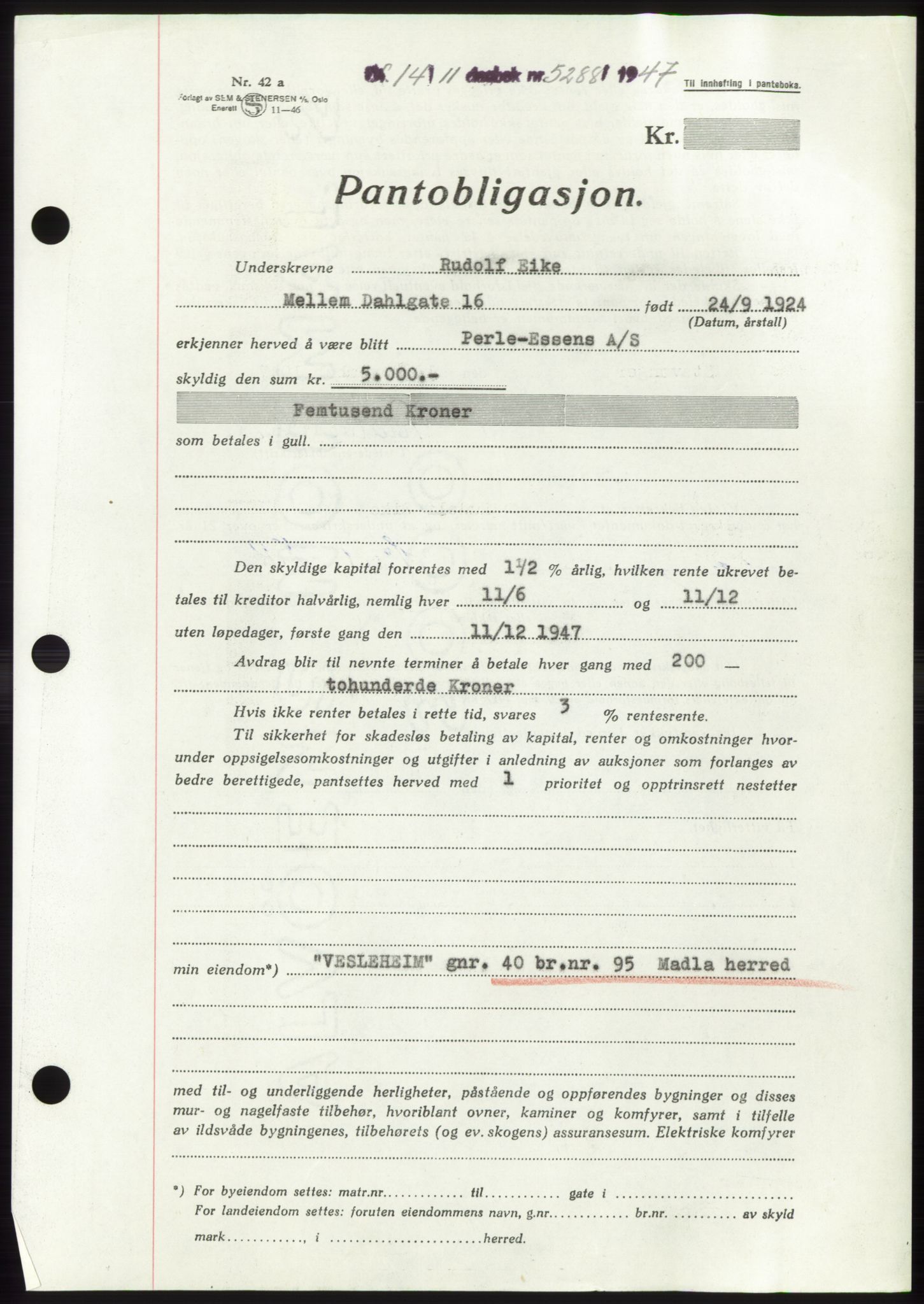 Jæren sorenskriveri, SAST/A-100310/03/G/Gba/L0096: Pantebok, 1947-1947, Dagboknr: 5288/1947
