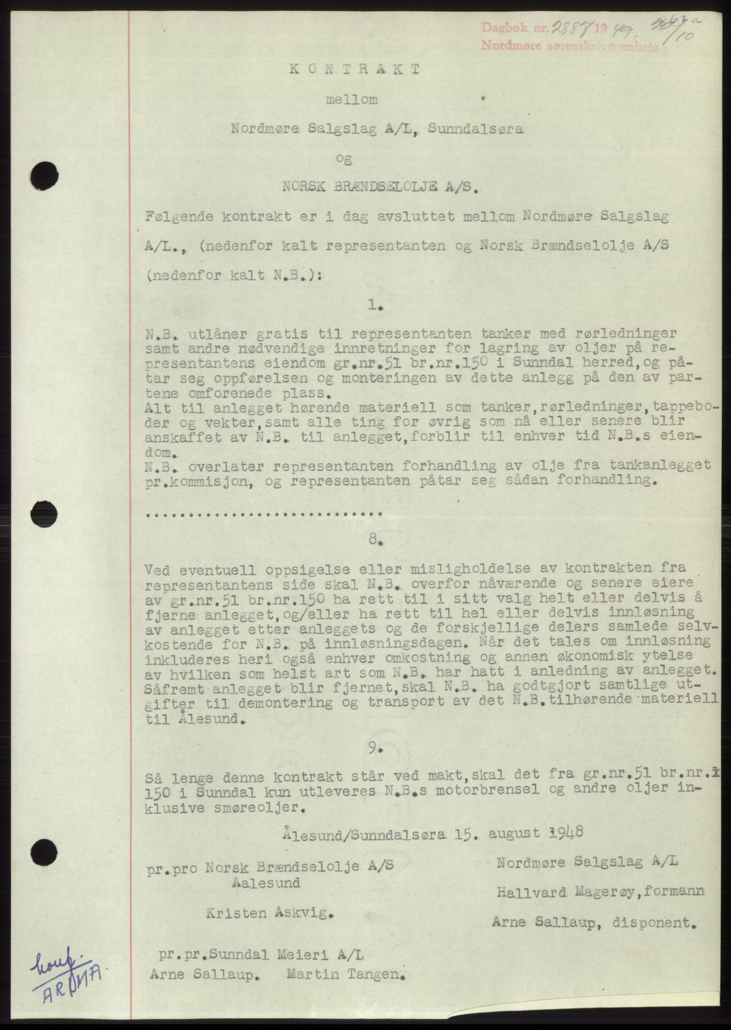Nordmøre sorenskriveri, SAT/A-4132/1/2/2Ca: Pantebok nr. B102, 1949-1949, Dagboknr: 2887/1949