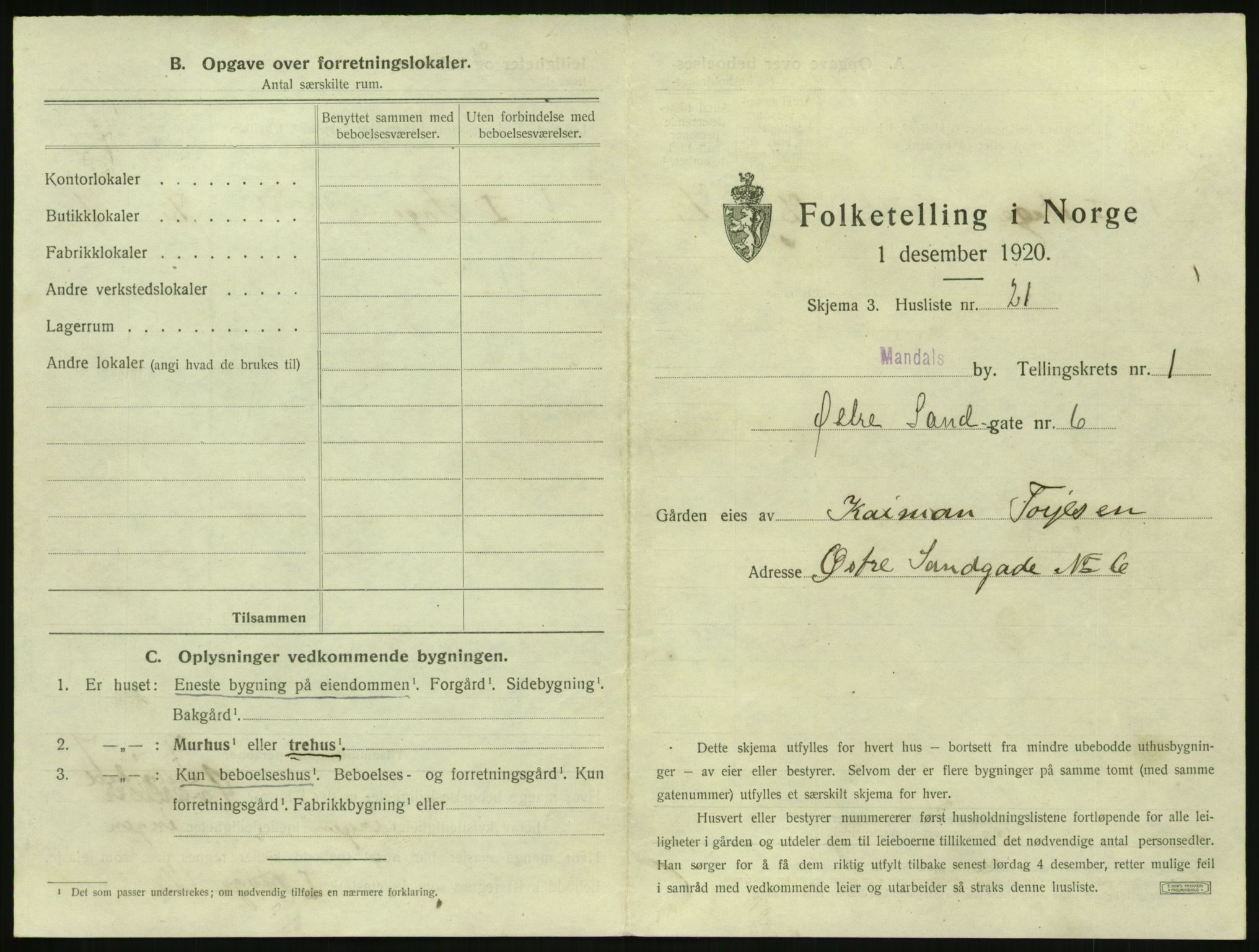 SAK, Folketelling 1920 for 1002 Mandal ladested, 1920, s. 85