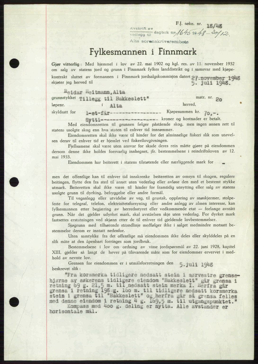 Alta fogderi/sorenskriveri, AV/SATØ-SATØ-5/1/K/Kd/L0037pantebok: Pantebok nr. 39-40, 1948-1949, Dagboknr: 1645/1948