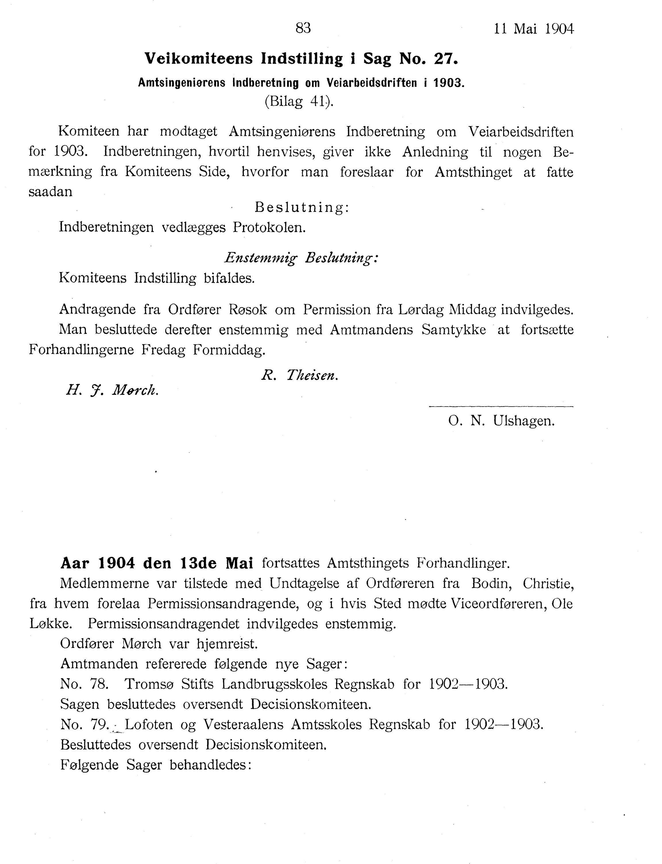 Nordland Fylkeskommune. Fylkestinget, AIN/NFK-17/176/A/Ac/L0027: Fylkestingsforhandlinger 1904, 1904, s. 83