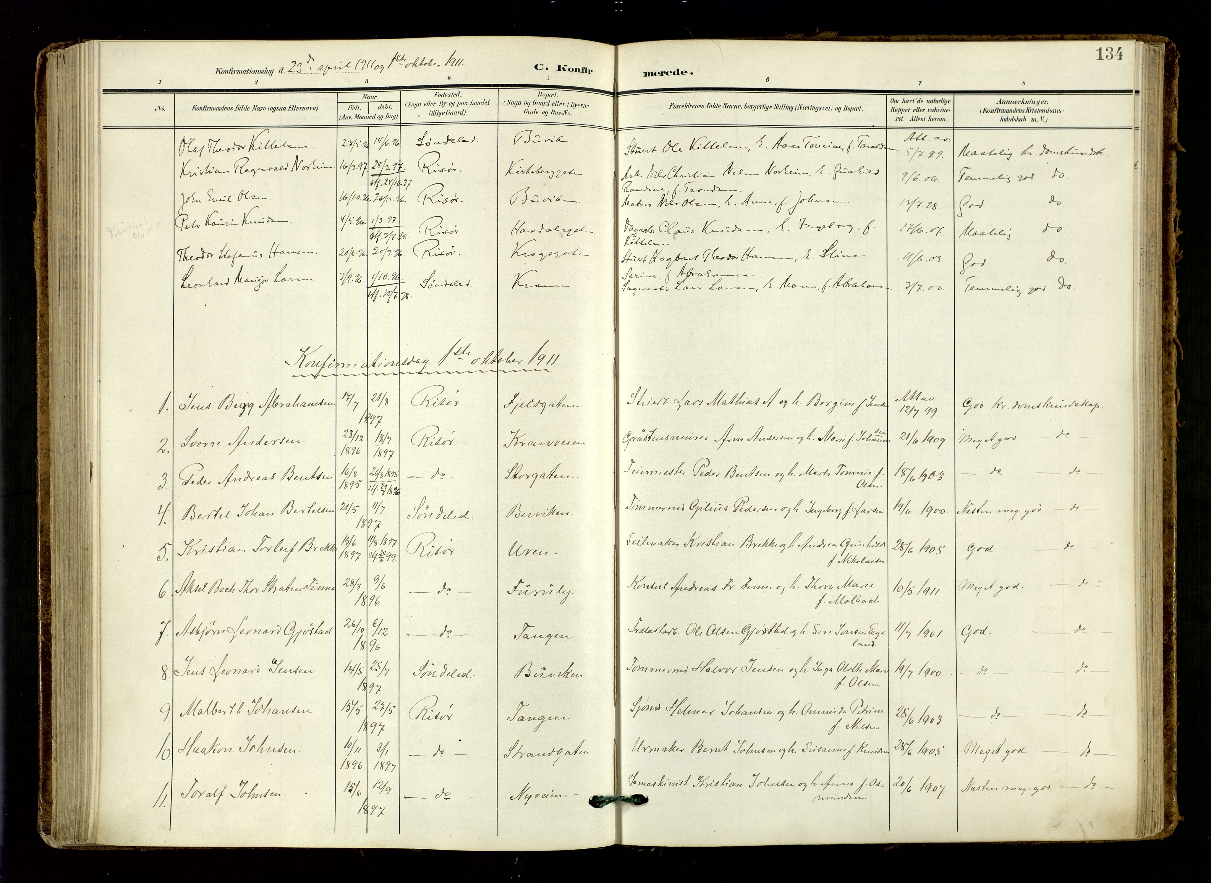 Risør sokneprestkontor, AV/SAK-1111-0035/F/Fa/L0011: Ministerialbok nr. A 11, 1907-1920, s. 134