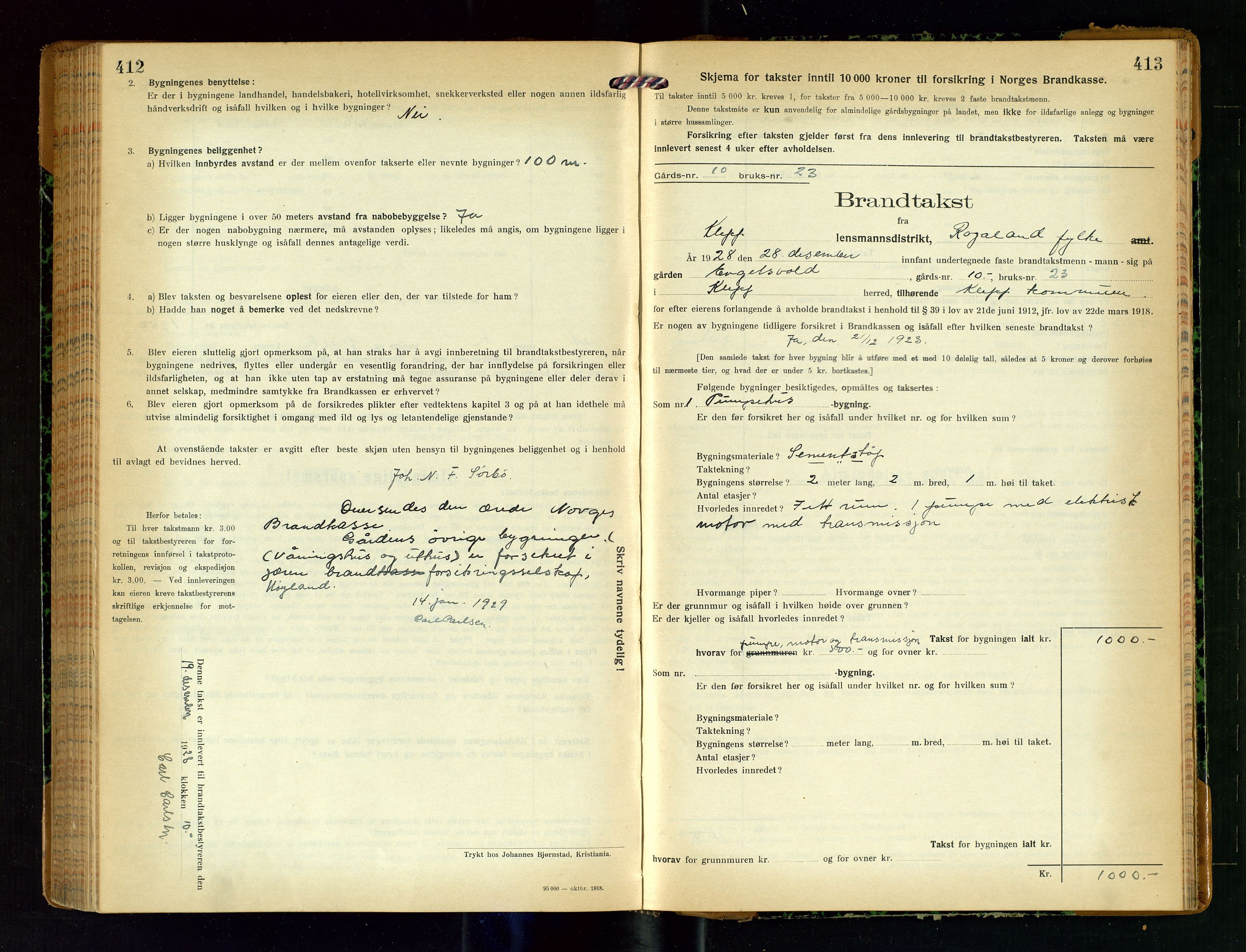Klepp lensmannskontor, SAST/A-100163/Goc/L0011: "Brandtakstprotokoll" m/register, 1924-1929, s. 412-413