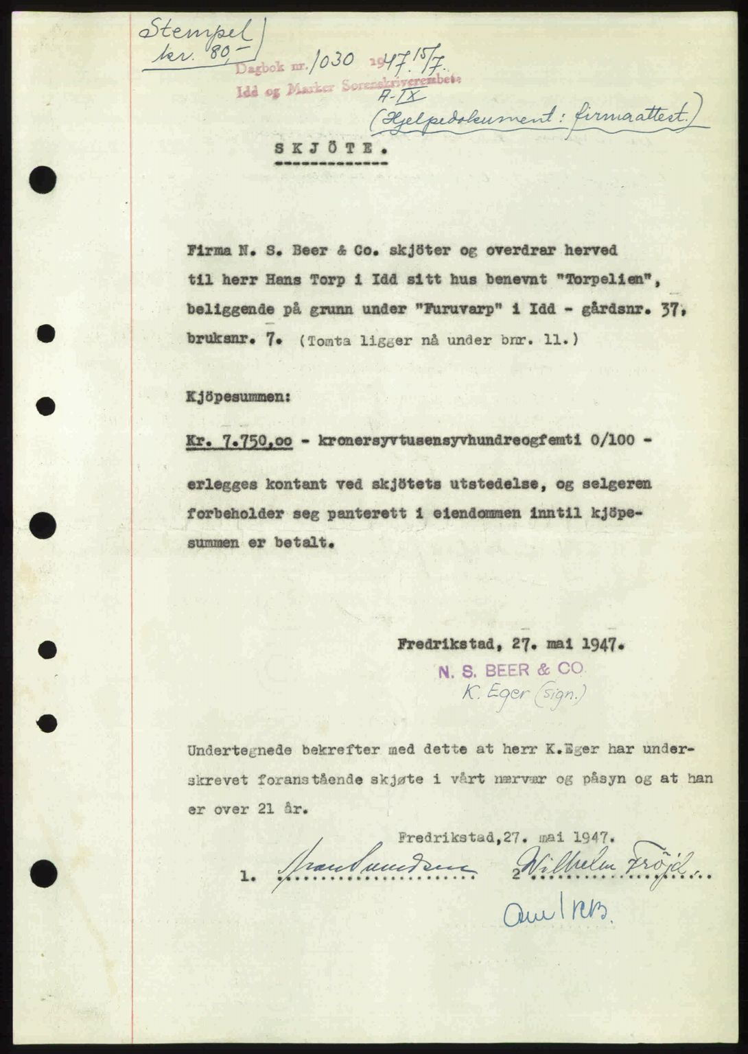 Idd og Marker sorenskriveri, SAO/A-10283/G/Gb/Gbb/L0009: Pantebok nr. A9, 1946-1947, Dagboknr: 1030/1947