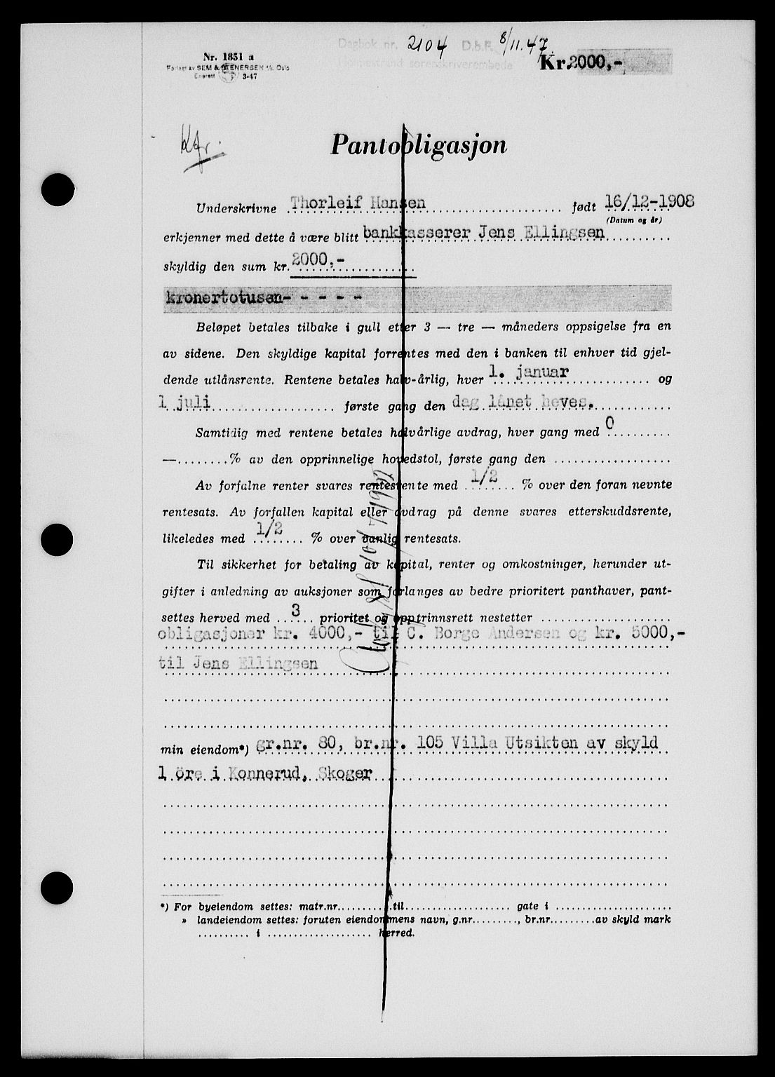 Holmestrand sorenskriveri, SAKO/A-67/G/Ga/Gab/L0058: Pantebok nr. B-58, 1947-1948, Dagboknr: 2104/1947