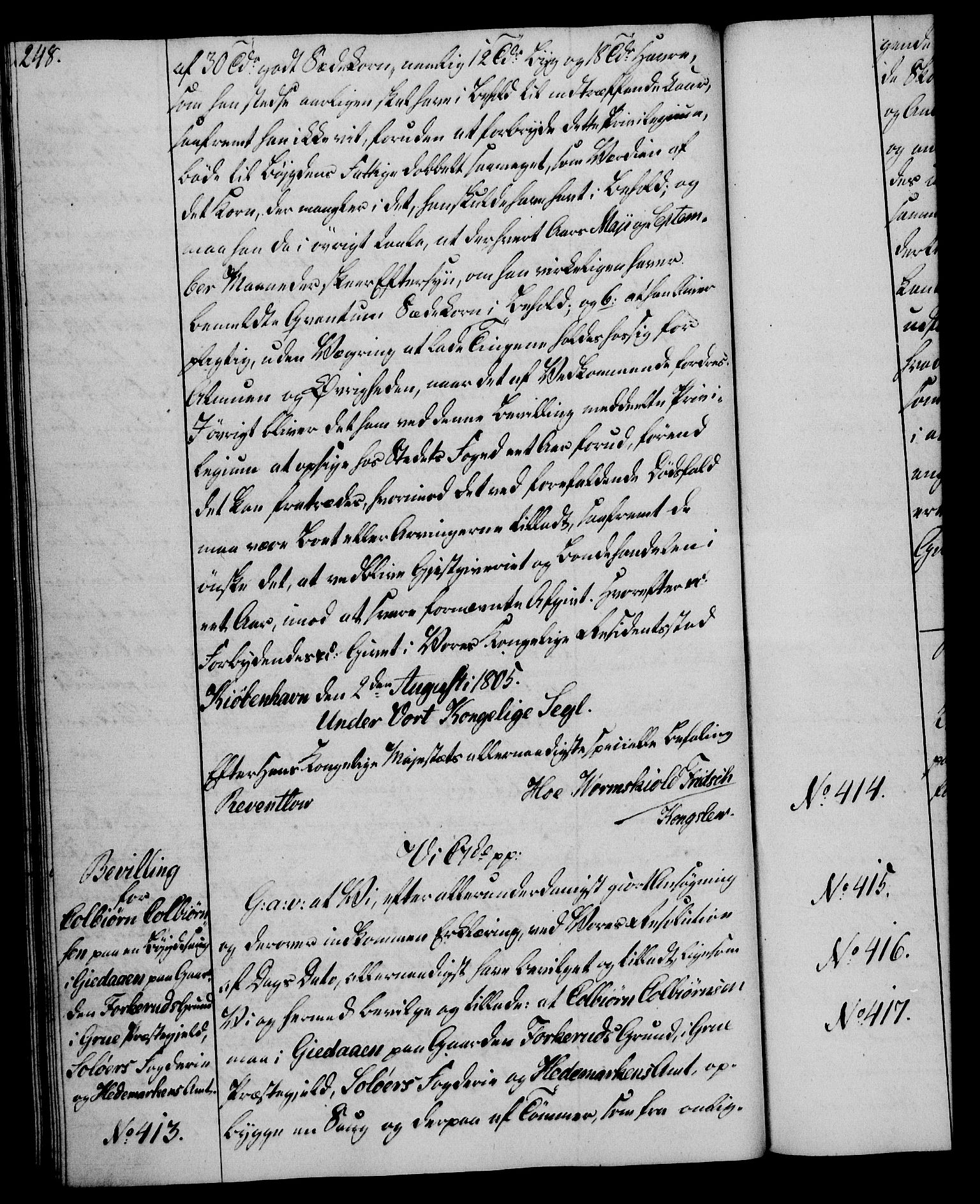 Rentekammeret, Kammerkanselliet, AV/RA-EA-3111/G/Gg/Gga/L0018: Norsk ekspedisjonsprotokoll med register (merket RK 53.18), 1804-1806, s. 248