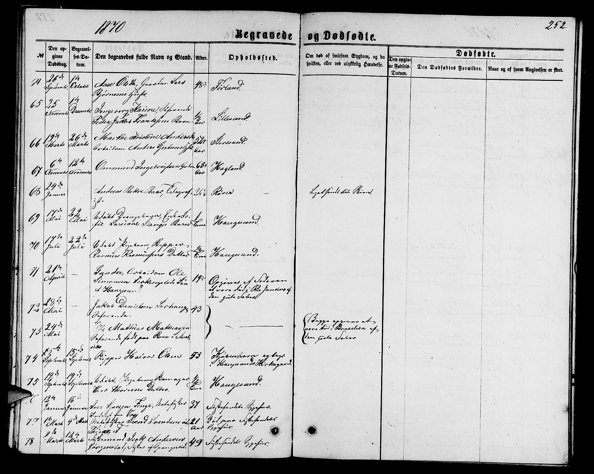 Torvastad sokneprestkontor, AV/SAST-A -101857/H/Ha/Hab/L0007: Klokkerbok nr. B 7, 1866-1873, s. 252