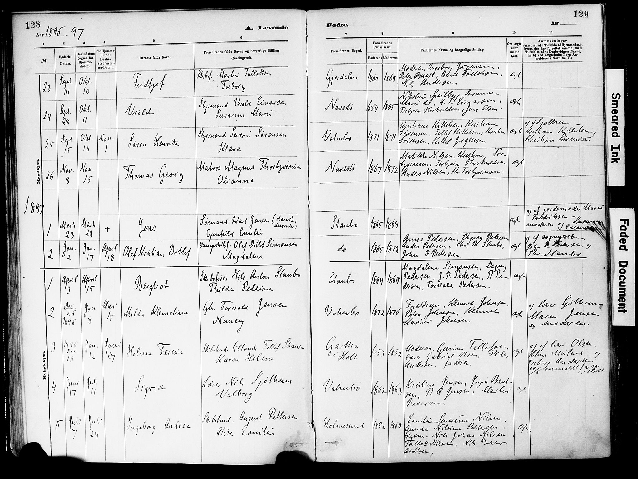 Dypvåg sokneprestkontor, AV/SAK-1111-0007/F/Fa/Fab/L0001: Ministerialbok nr. A 1, 1885-1912, s. 128-129