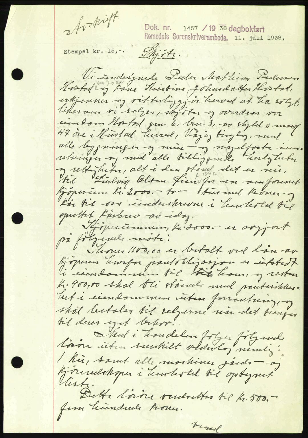 Romsdal sorenskriveri, SAT/A-4149/1/2/2C: Pantebok nr. A5, 1938-1938, Dagboknr: 1457/1938