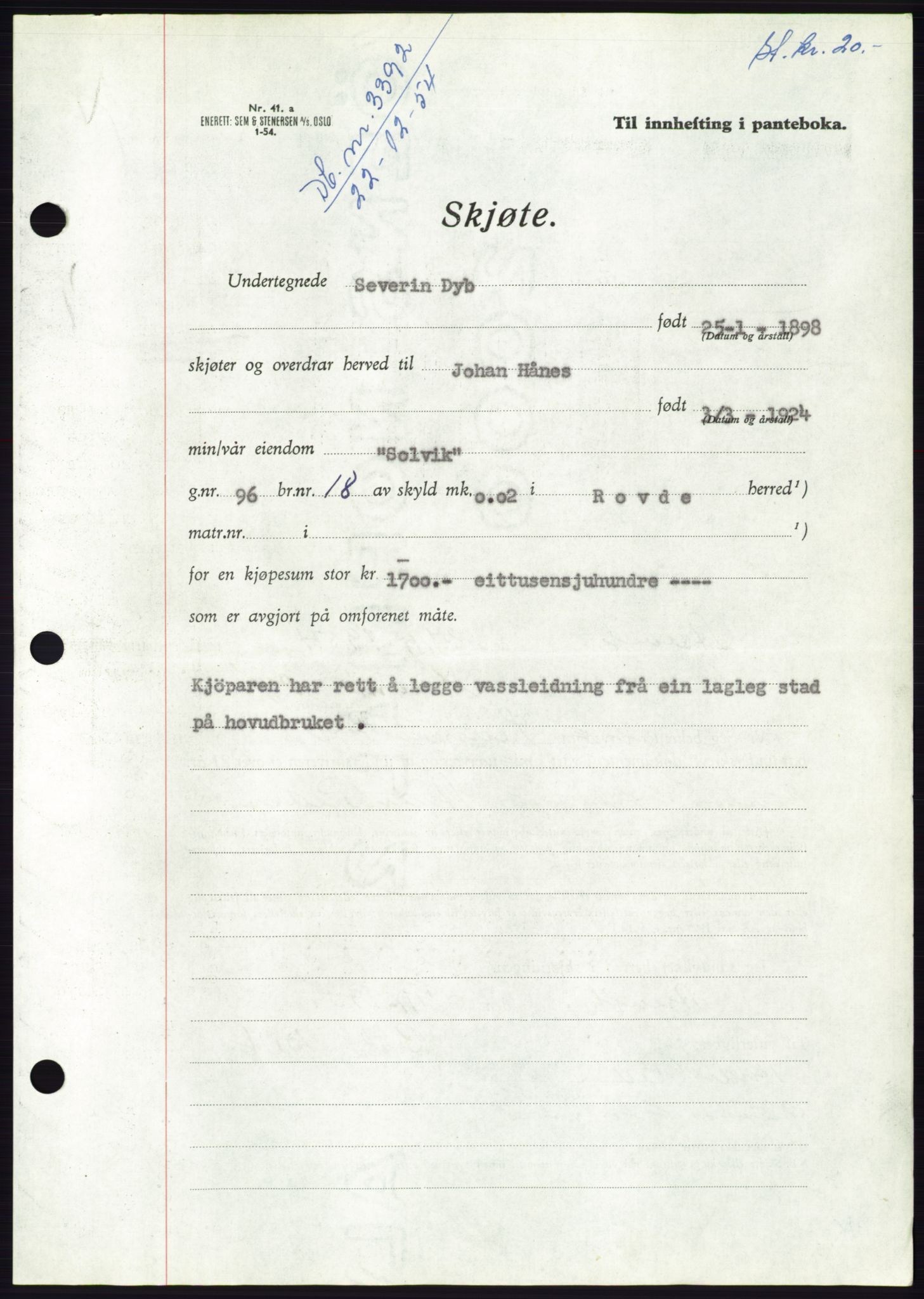 Søre Sunnmøre sorenskriveri, AV/SAT-A-4122/1/2/2C/L0099: Pantebok nr. 25A, 1954-1954, Dagboknr: 3392/1954