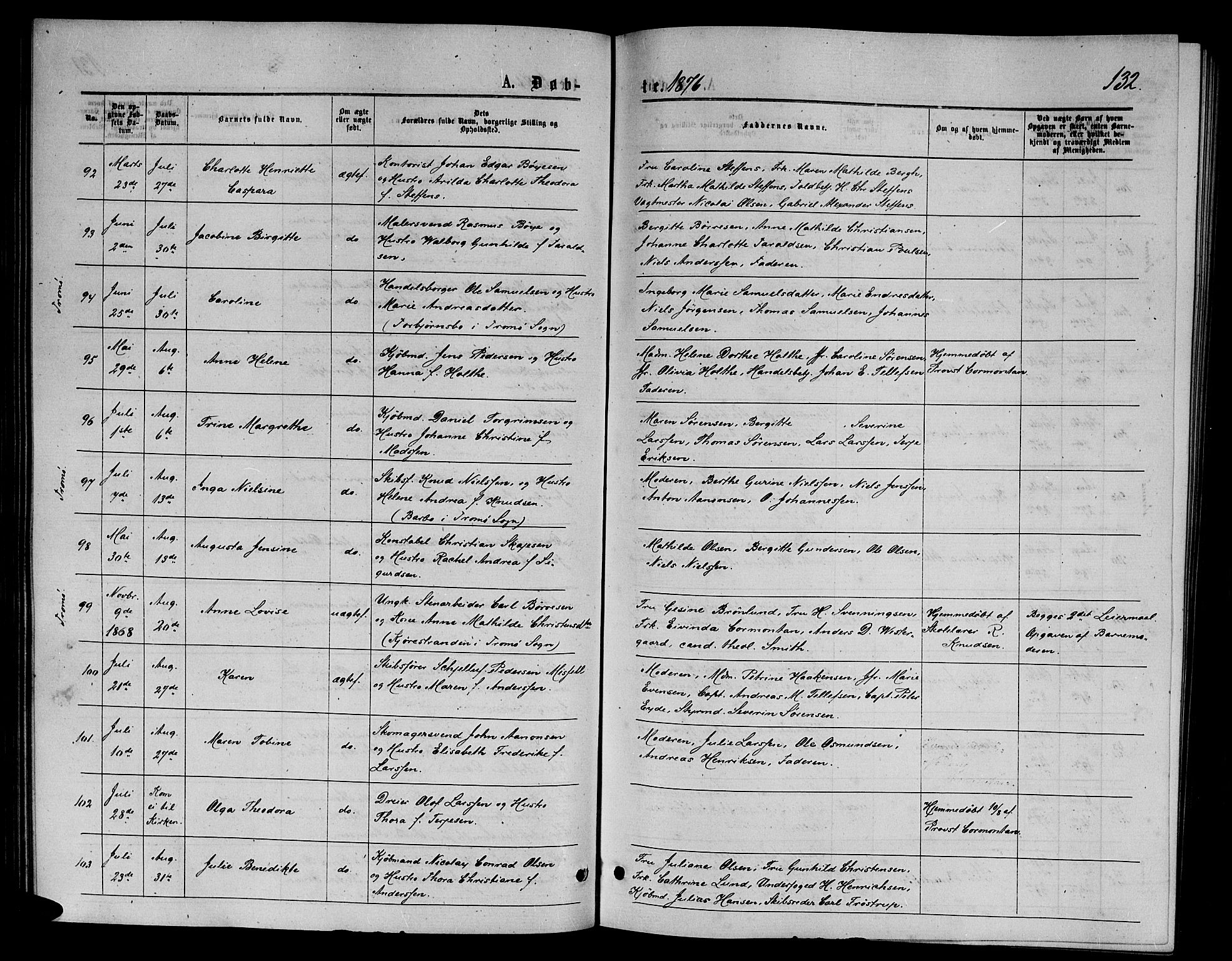 Arendal sokneprestkontor, Trefoldighet, AV/SAK-1111-0040/F/Fb/L0005: Klokkerbok nr. B 5, 1874-1888, s. 132