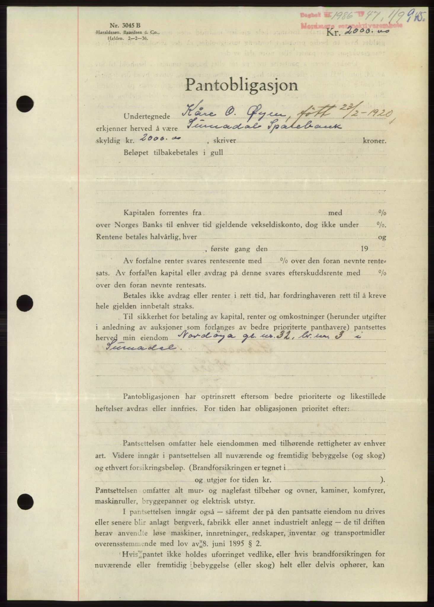 Nordmøre sorenskriveri, SAT/A-4132/1/2/2Ca: Pantebok nr. B96, 1947-1947, Dagboknr: 1986/1947