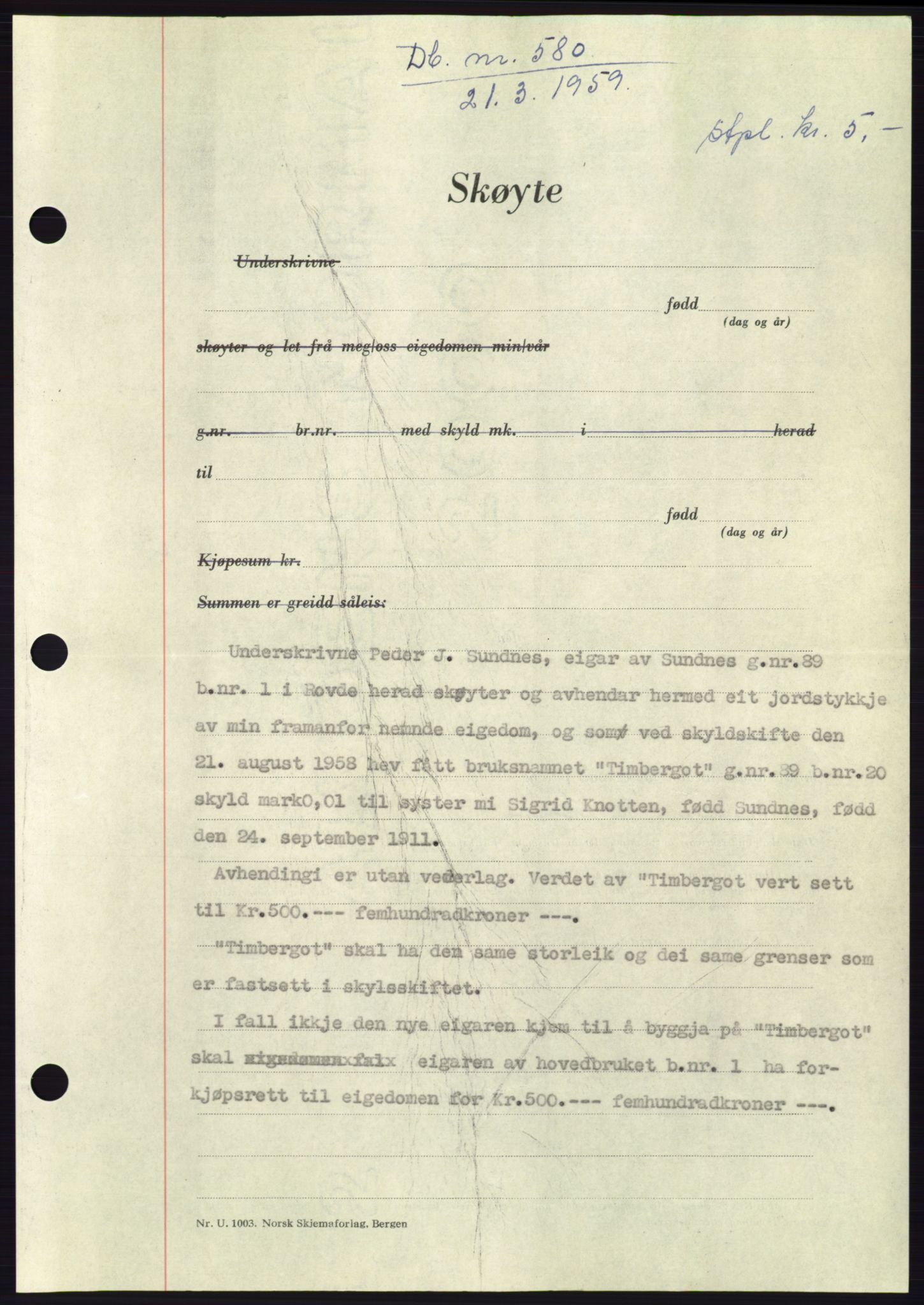Søre Sunnmøre sorenskriveri, SAT/A-4122/1/2/2C/L0112: Pantebok nr. 38A, 1959-1959, Dagboknr: 580/1959