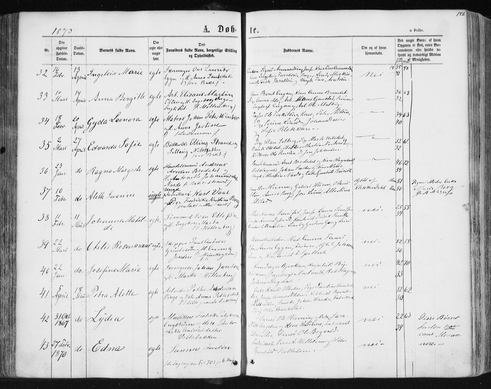 Ministerialprotokoller, klokkerbøker og fødselsregistre - Sør-Trøndelag, SAT/A-1456/604/L0186: Ministerialbok nr. 604A07, 1866-1877, s. 172