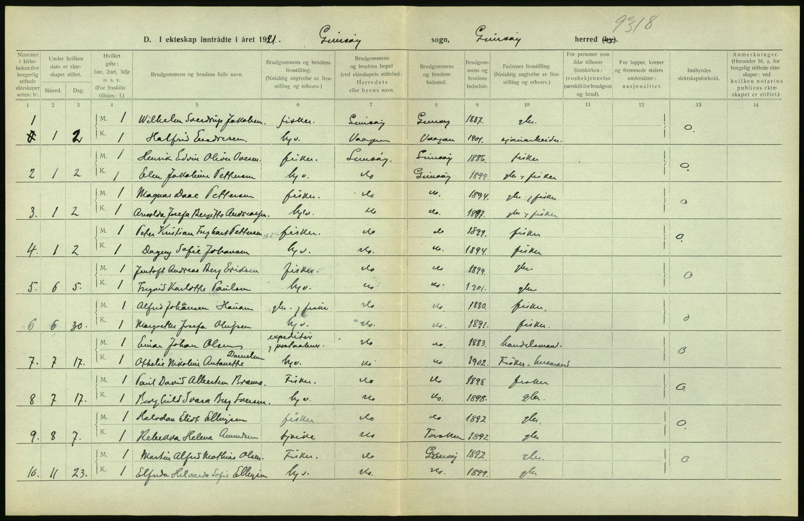 Statistisk sentralbyrå, Sosiodemografiske emner, Befolkning, RA/S-2228/D/Df/Dfc/Dfca/L0050: Nordland fylke: Levendefødte menn og kvinner. Byer. Samt gifte, dødfødte. Bygder og byer., 1921, s. 340