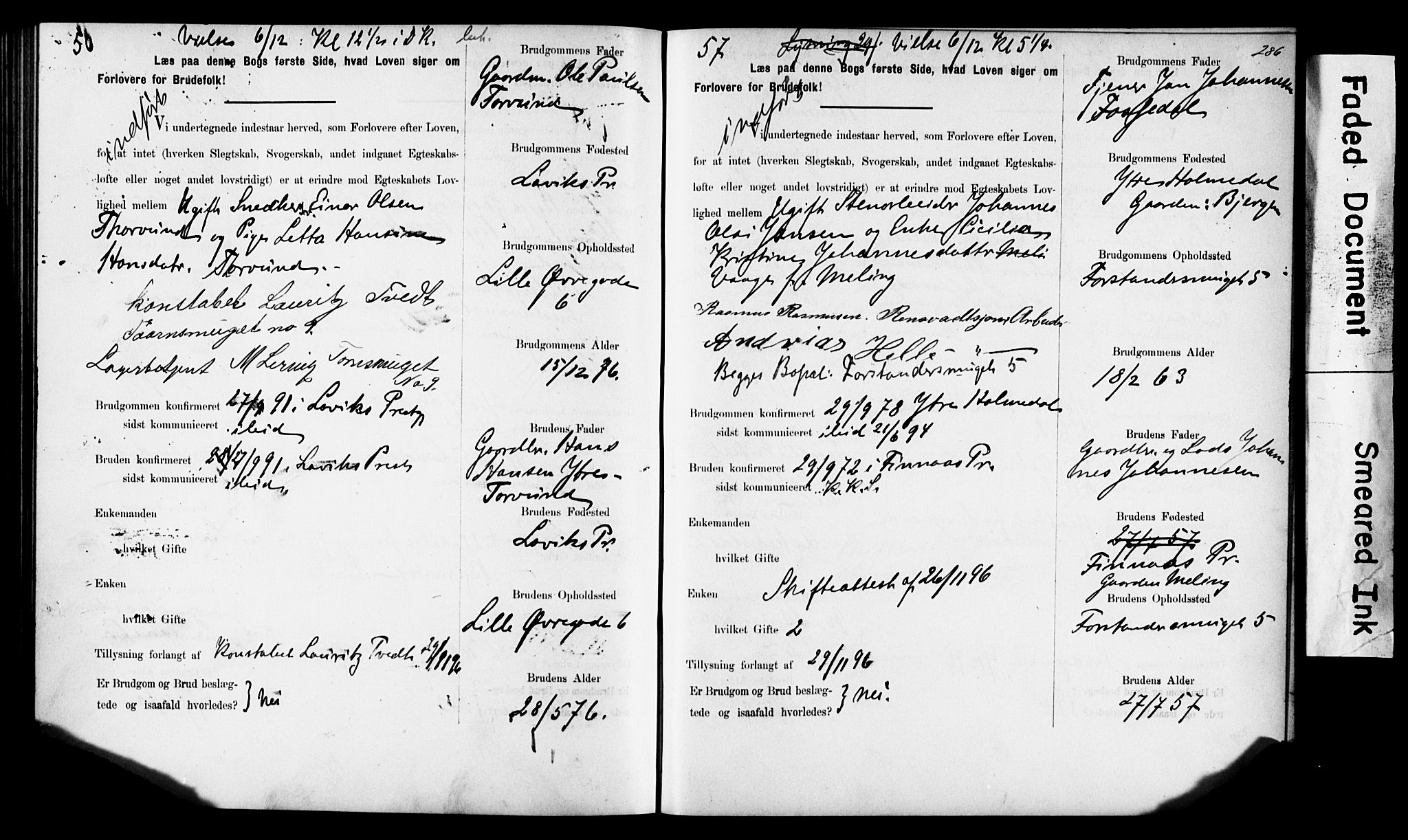 Korskirken sokneprestembete, SAB/A-76101: Forlovererklæringer nr. II.5.6, 1889-1898, s. 286
