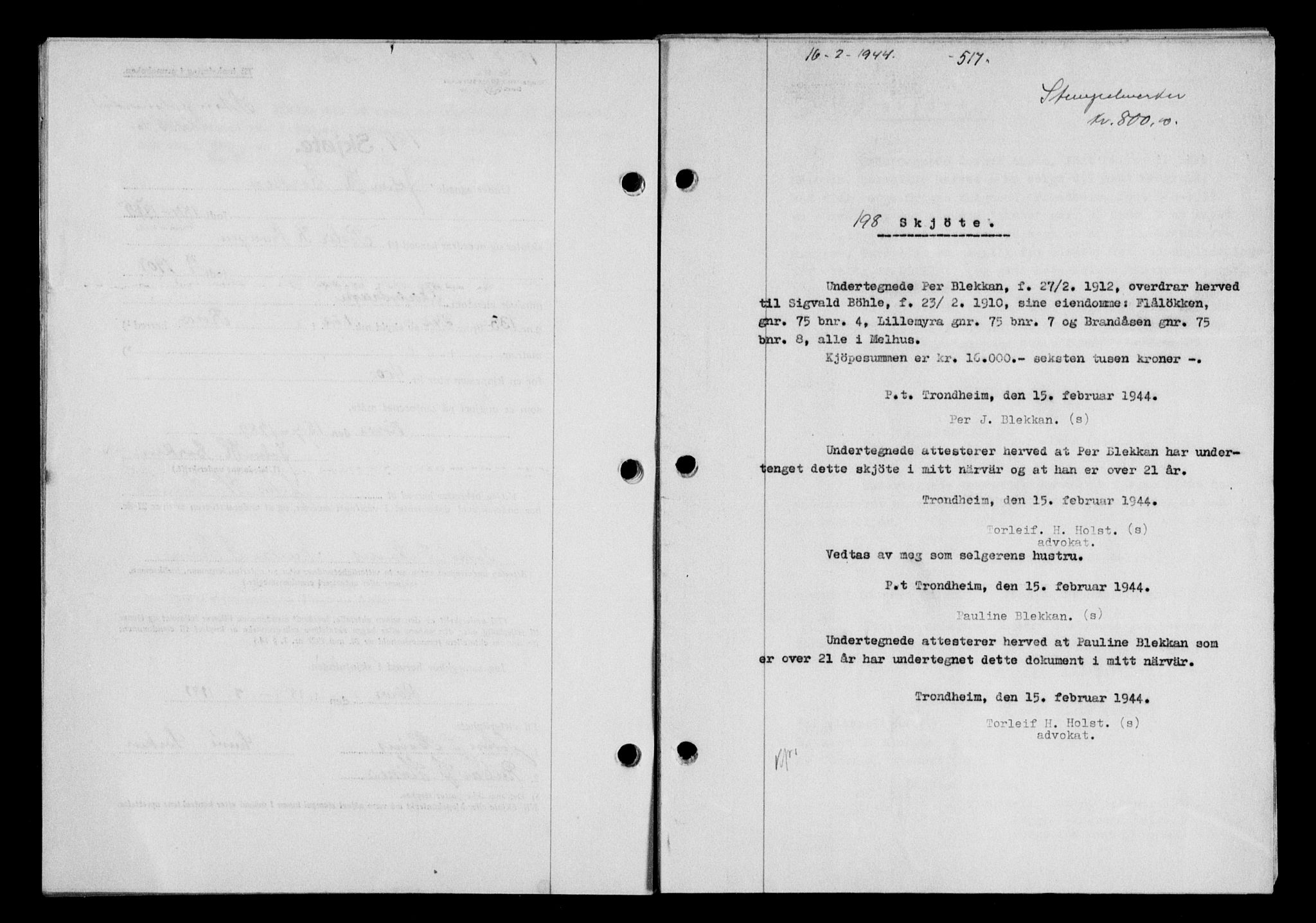 Gauldal sorenskriveri, SAT/A-0014/1/2/2C/L0057: Pantebok nr. 62, 1943-1944, Dagboknr: 198/1944