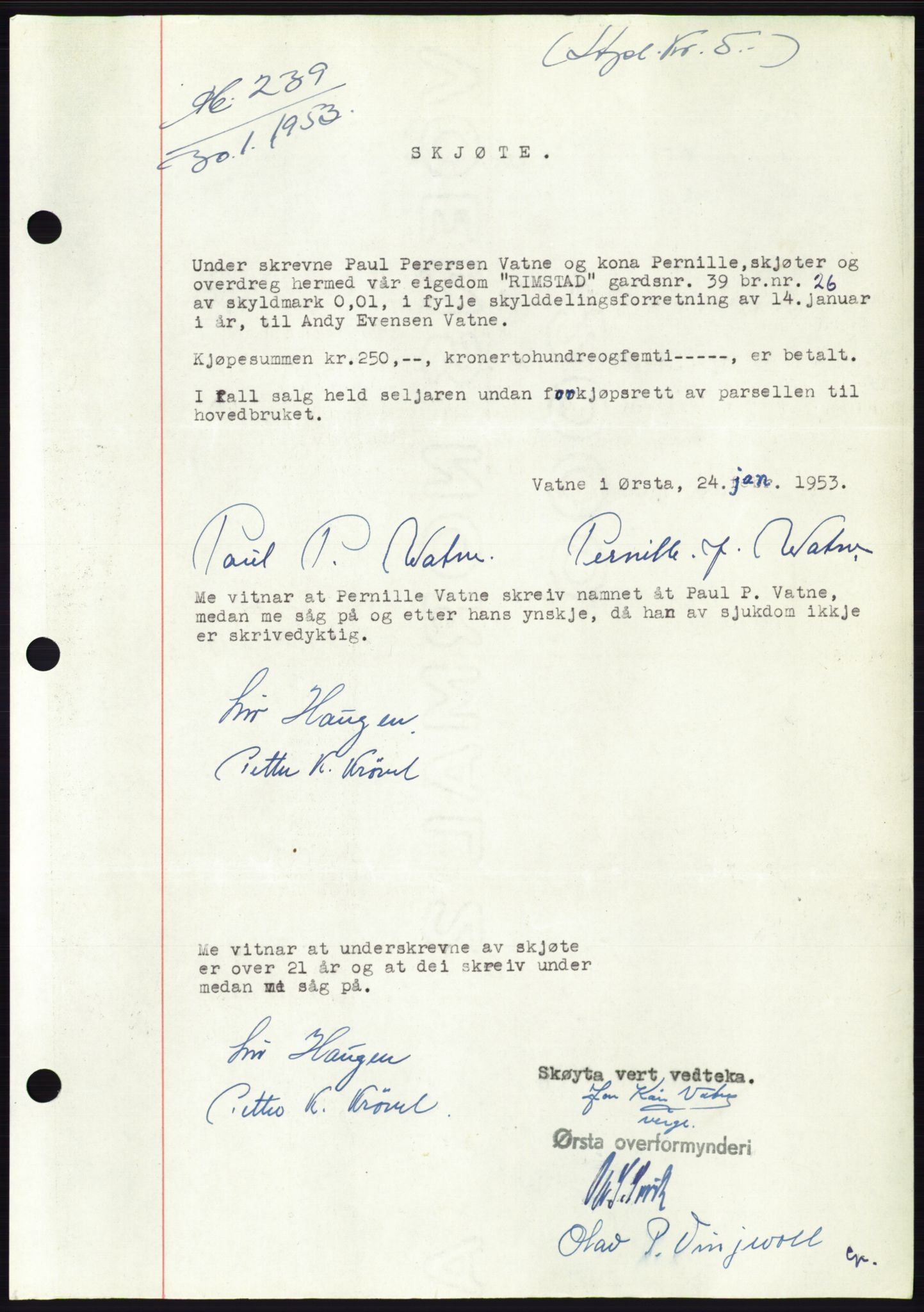 Søre Sunnmøre sorenskriveri, AV/SAT-A-4122/1/2/2C/L0094: Pantebok nr. 20A, 1953-1953, Dagboknr: 239/1953