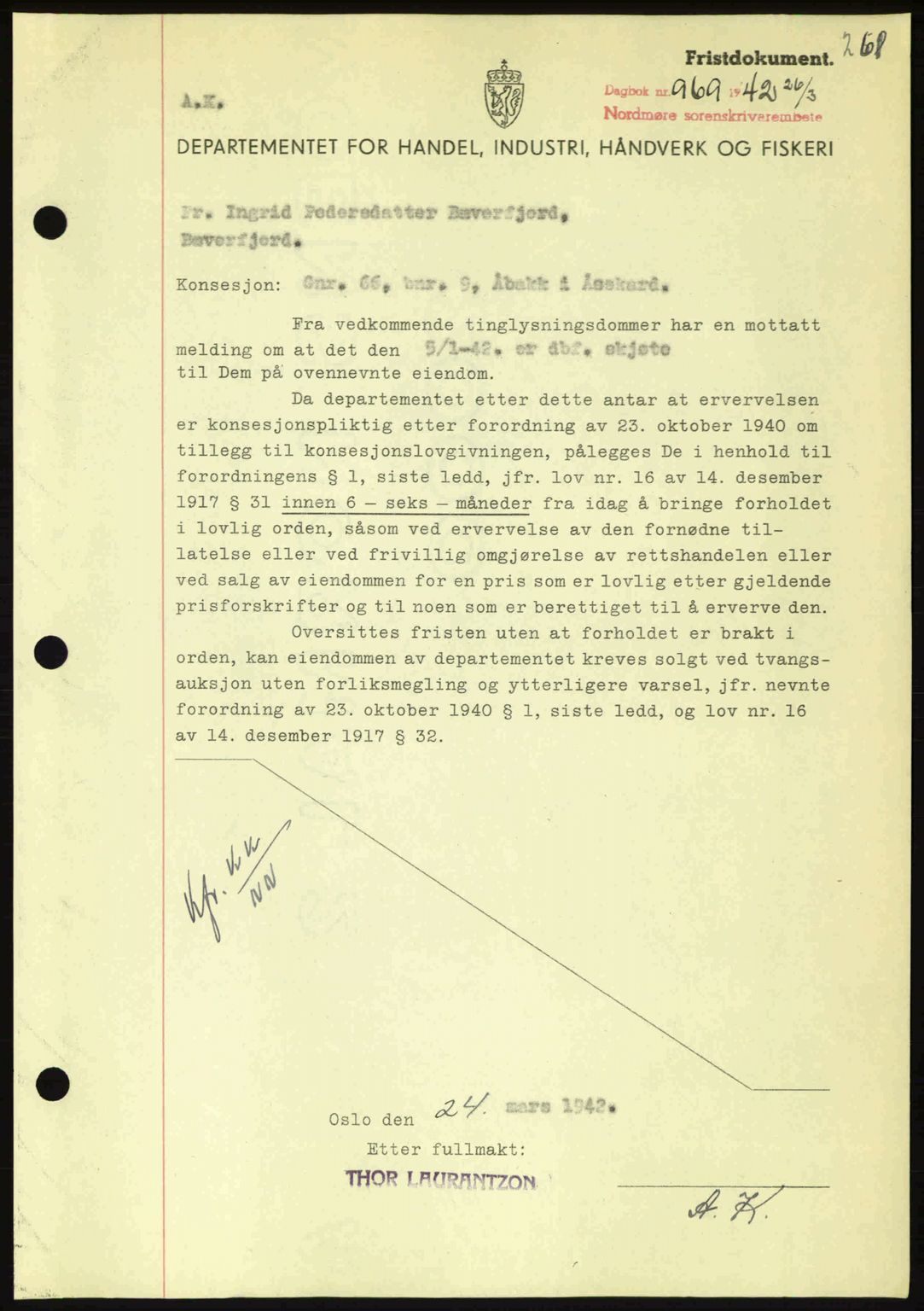 Nordmøre sorenskriveri, AV/SAT-A-4132/1/2/2Ca: Pantebok nr. B89, 1942-1942, Dagboknr: 969/1942