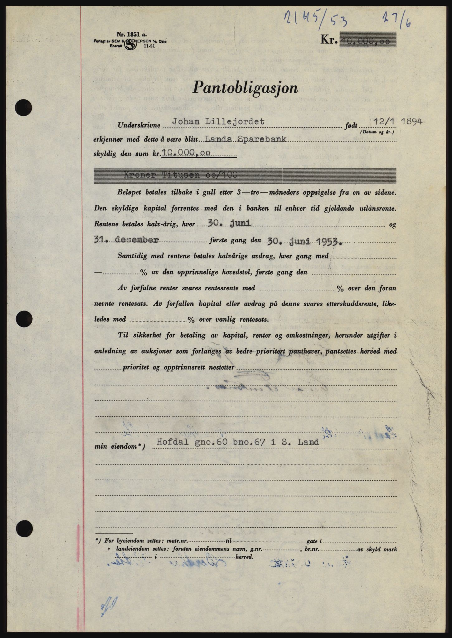 Hadeland og Land tingrett, SAH/TING-010/H/Hb/Hbc/L0027: Pantebok nr. B27, 1953-1953, Dagboknr: 2145/1953