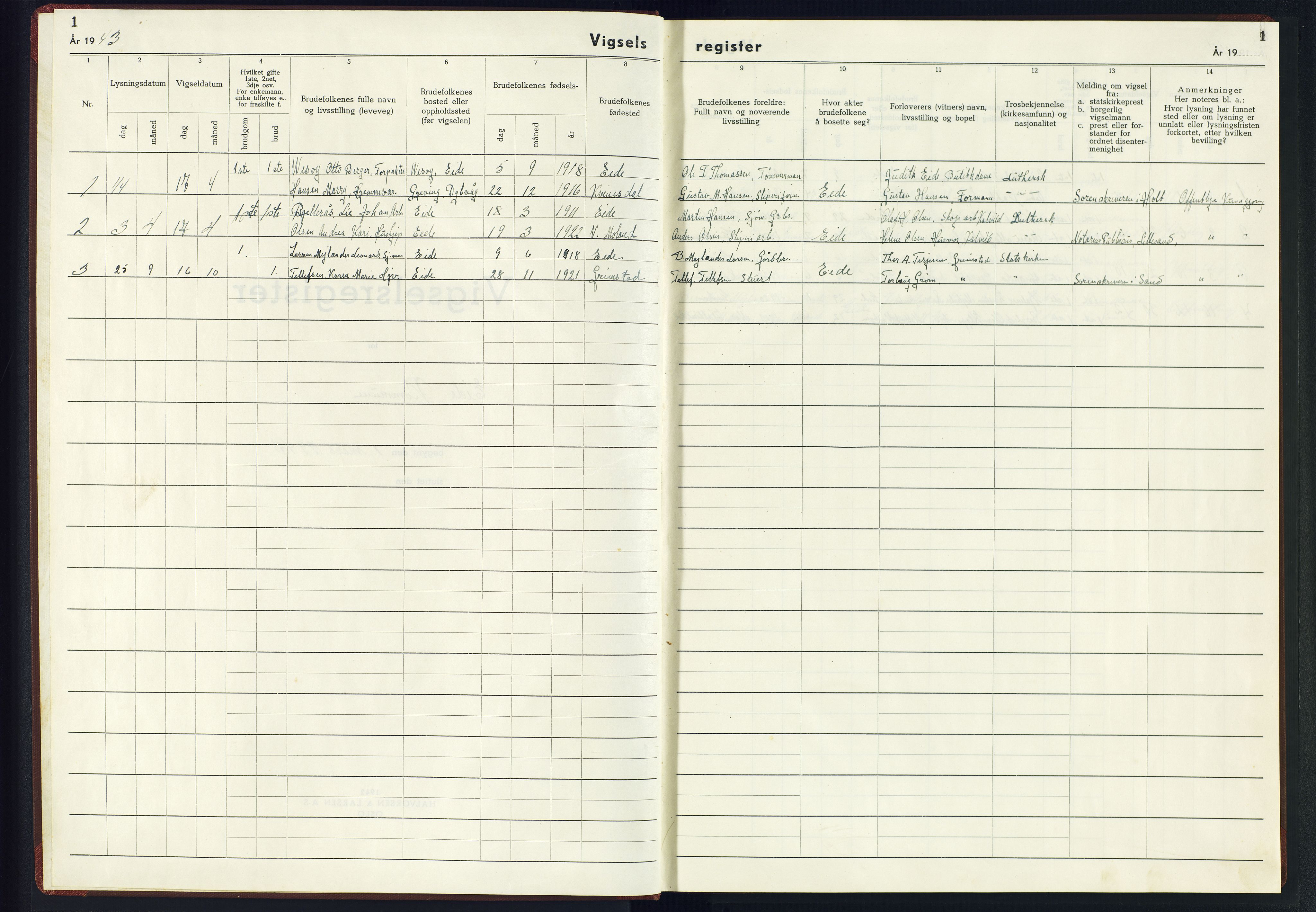 Hommedal sokneprestkontor, AV/SAK-1111-0023/J/Jf/L0004: Vigselsregister nr. 4, 1943-1945, s. 1