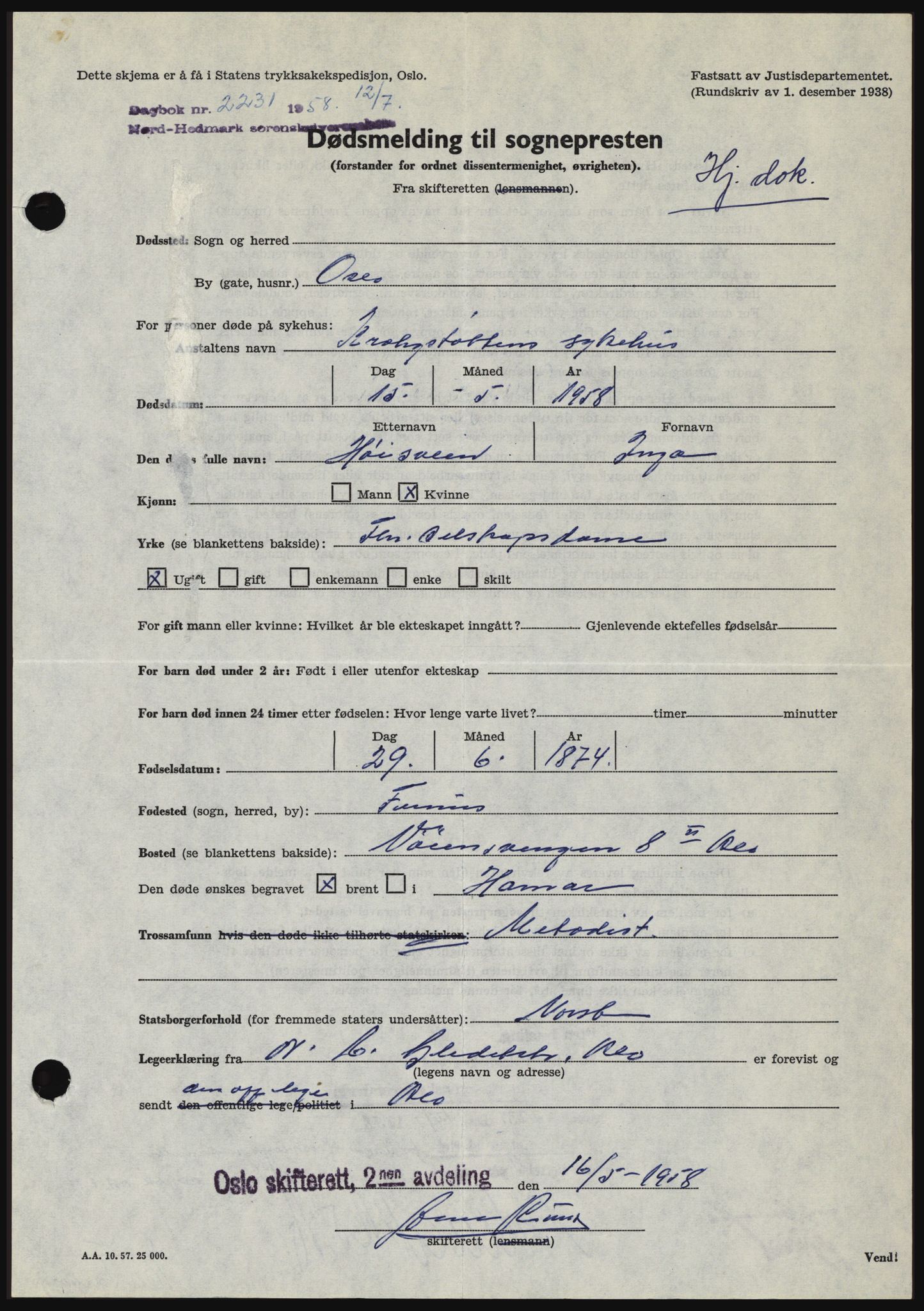 Nord-Hedmark sorenskriveri, SAH/TING-012/H/Hc/L0012: Pantebok nr. 12, 1957-1958, Dagboknr: 2231/1958