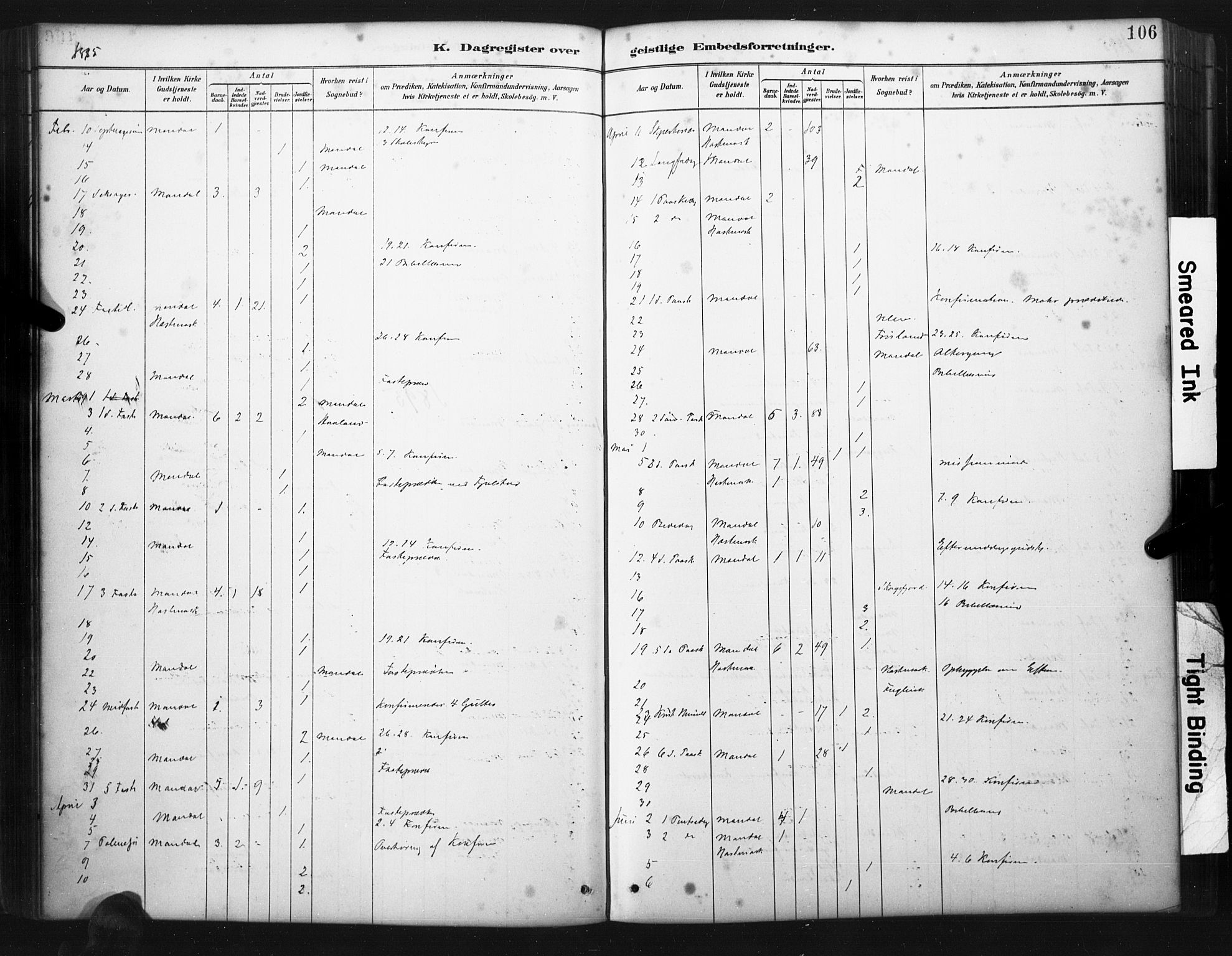 Mandal sokneprestkontor, SAK/1111-0030/F/Fa/Faa/L0017: Ministerialbok nr. A 17, 1880-1926, s. 106