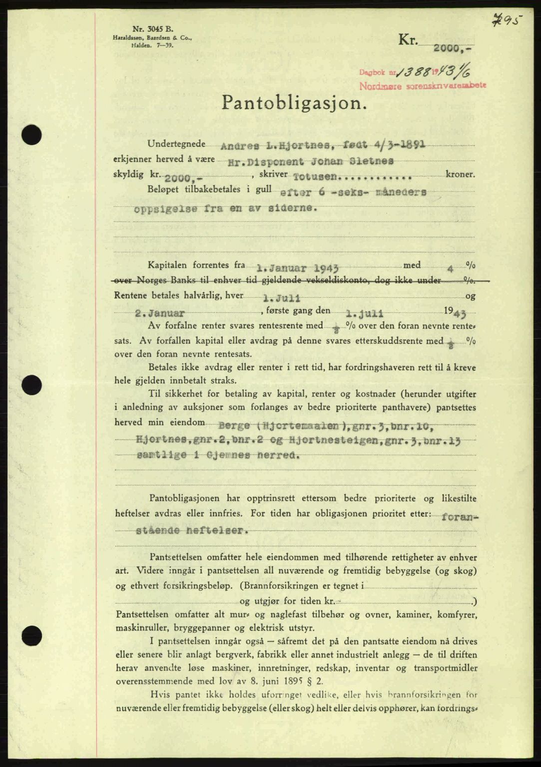 Nordmøre sorenskriveri, SAT/A-4132/1/2/2Ca: Pantebok nr. B90, 1942-1943, Dagboknr: 1388/1943