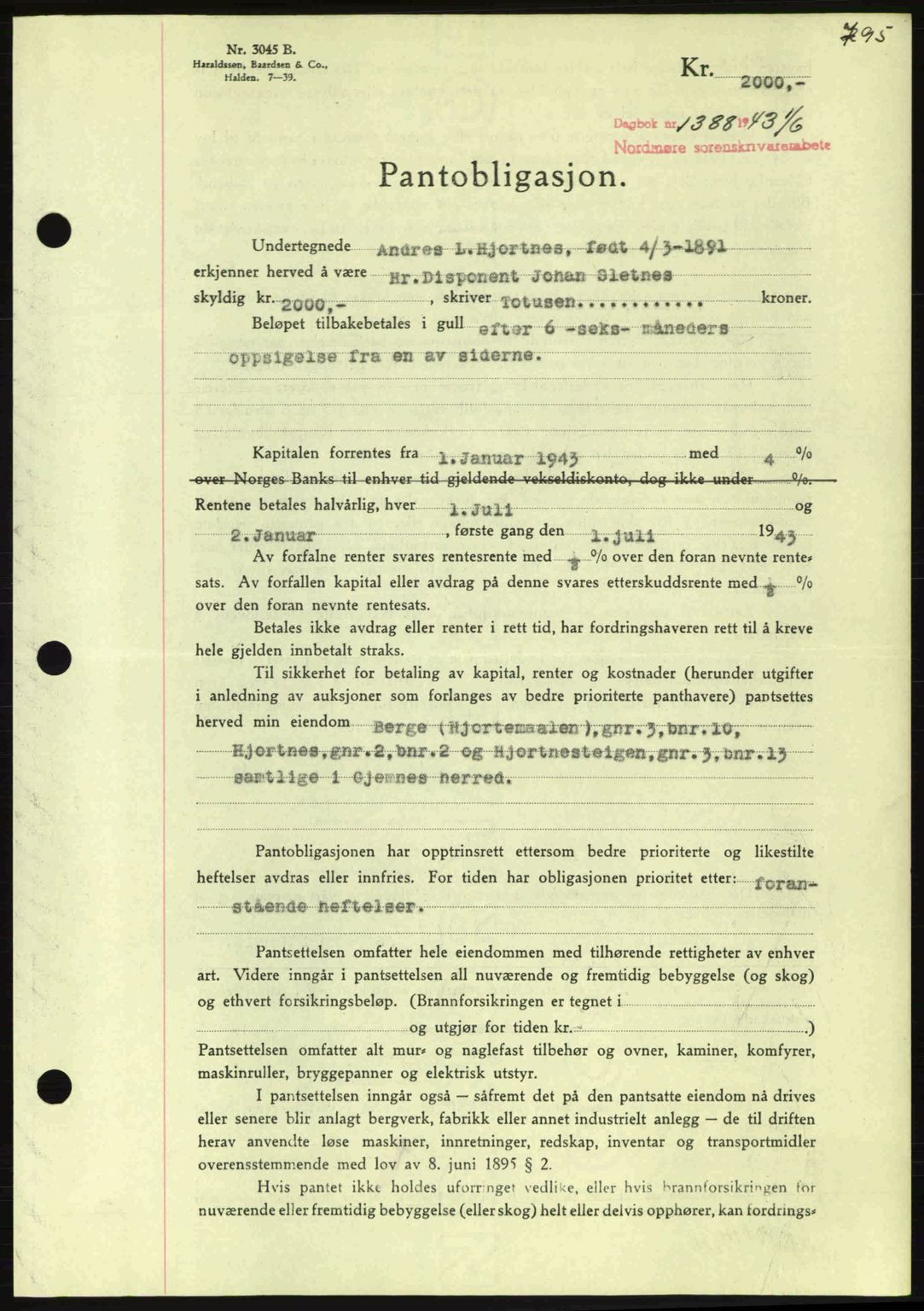 Nordmøre sorenskriveri, AV/SAT-A-4132/1/2/2Ca: Pantebok nr. B90, 1942-1943, Dagboknr: 1388/1943