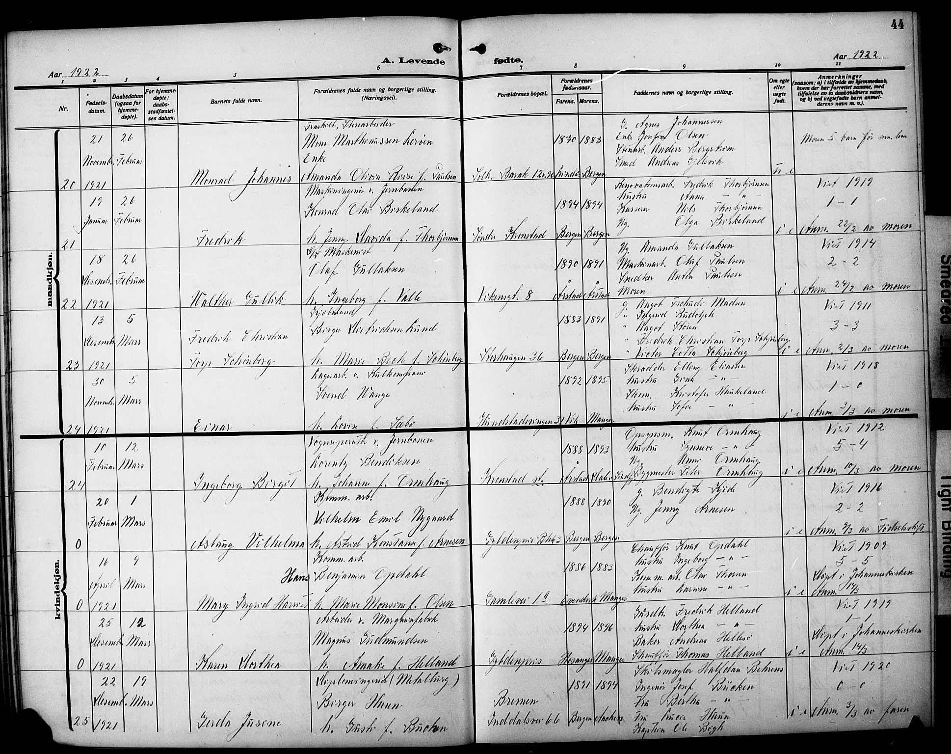 Årstad Sokneprestembete, AV/SAB-A-79301/H/Hab/L0004: Klokkerbok nr. A 4, 1921-1924, s. 44